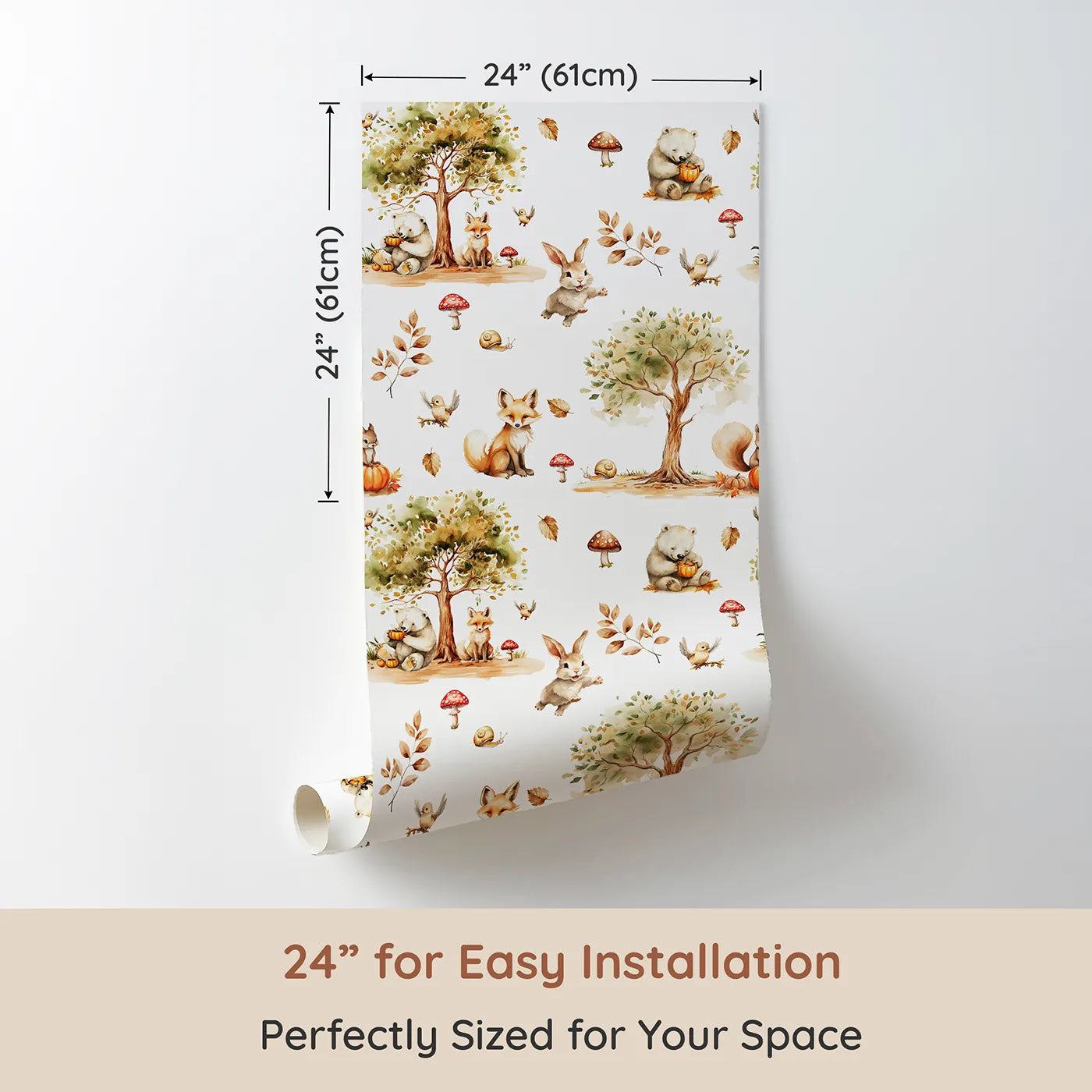 Dimension view of Whimsy Tots Autumn Forest Friends Wallpaper (W3216). Printed in 24-inch-wide panel for easy installation. Foxes, bears, and bunnies gather for gentle play beneath the trees.