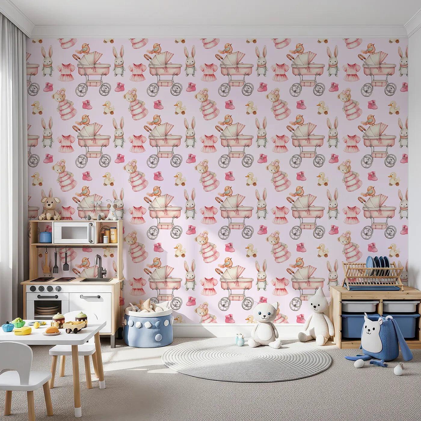 Front view of Whimsy Tots' Tiny Tots Toy Parade Wallpaper in Blush Pink