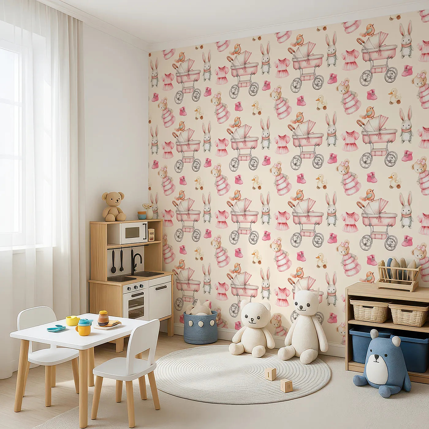 Angled view of Whimsy Tots' Tiny Tots Toy Parade Wallpaper in Cream (W3217B).Strollers, duckies, and teddy bears fill the walls with vintage toy joy.
