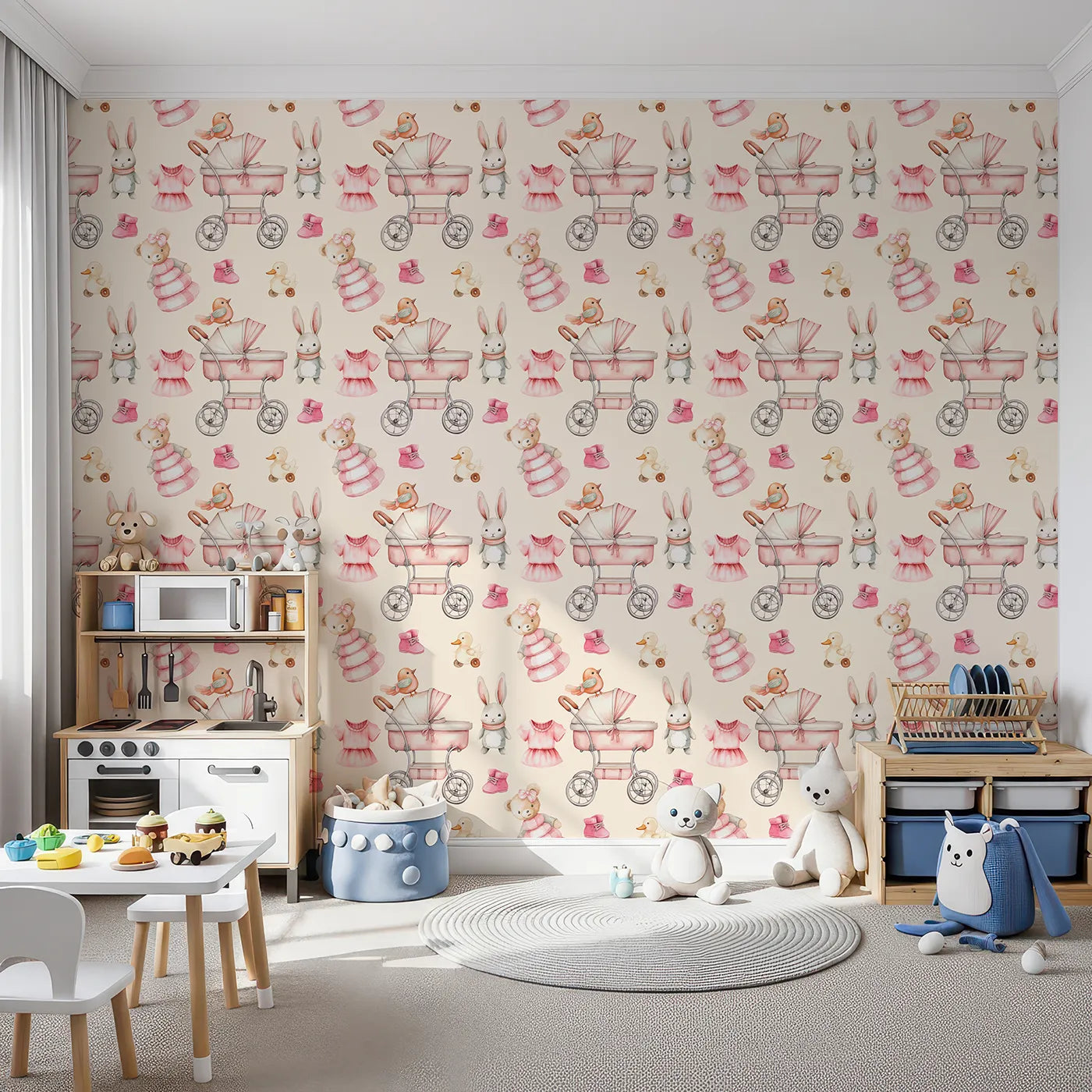 Front view of Whimsy Tots' Tiny Tots Toy Parade Wallpaper in Cream