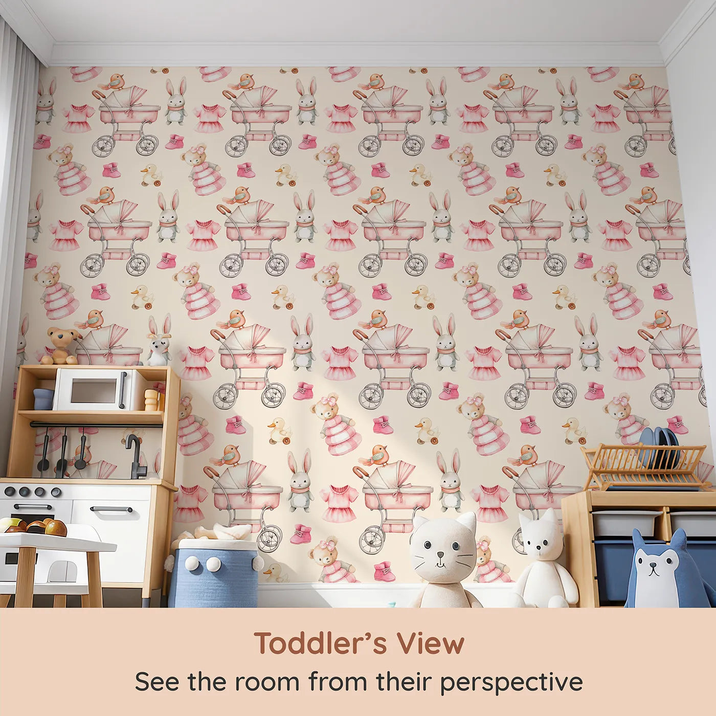 Whimsy Tots Tiny Tots Toy Parade Wallpaper in Cream (W3217B) from your child's view.Strollers, duckies, and teddy bears fill the walls with vintage toy joy.