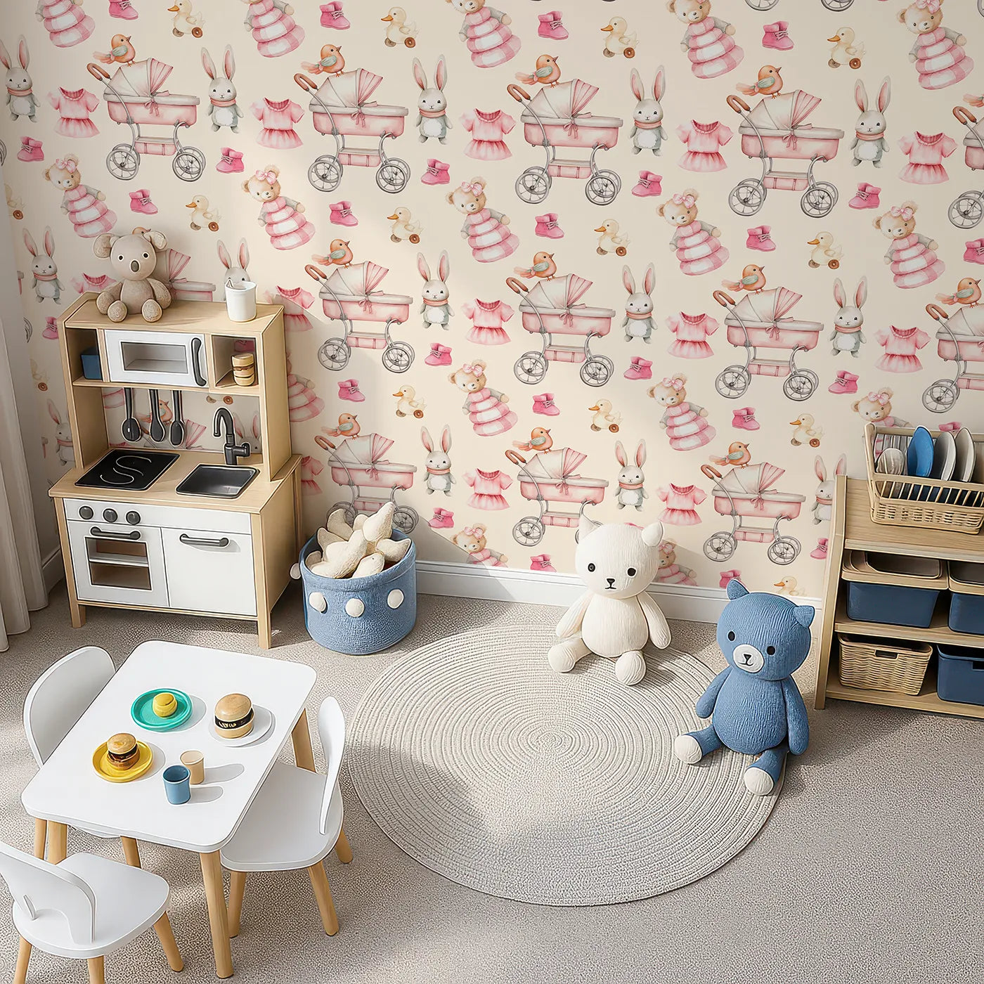 Top-Down view of Whimsy Tots' Tiny Tots Toy Parade Wallpaper in Cream (W3217B).Strollers, duckies, and teddy bears fill the walls with vintage toy joy.
