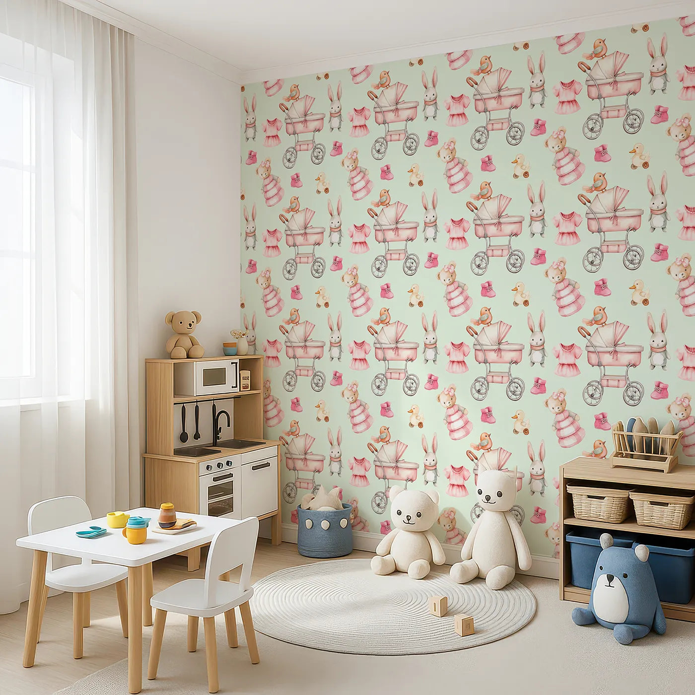 Angled view of Whimsy Tots' Tiny Tots Toy Parade Wallpaper in Mint Green (W3217C).Blush toys and vintage charm float across a soft mint sky.