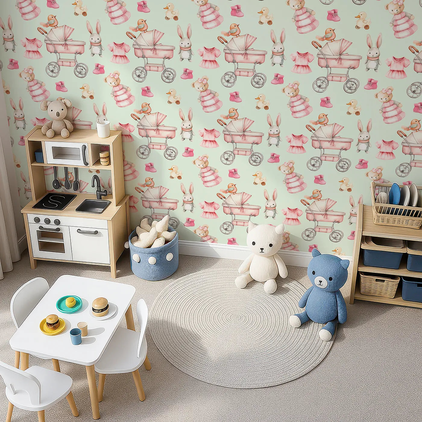 Top-Down view of Whimsy Tots' Tiny Tots Toy Parade Wallpaper in Mint Green (W3217C).Blush toys and vintage charm float across a soft mint sky.