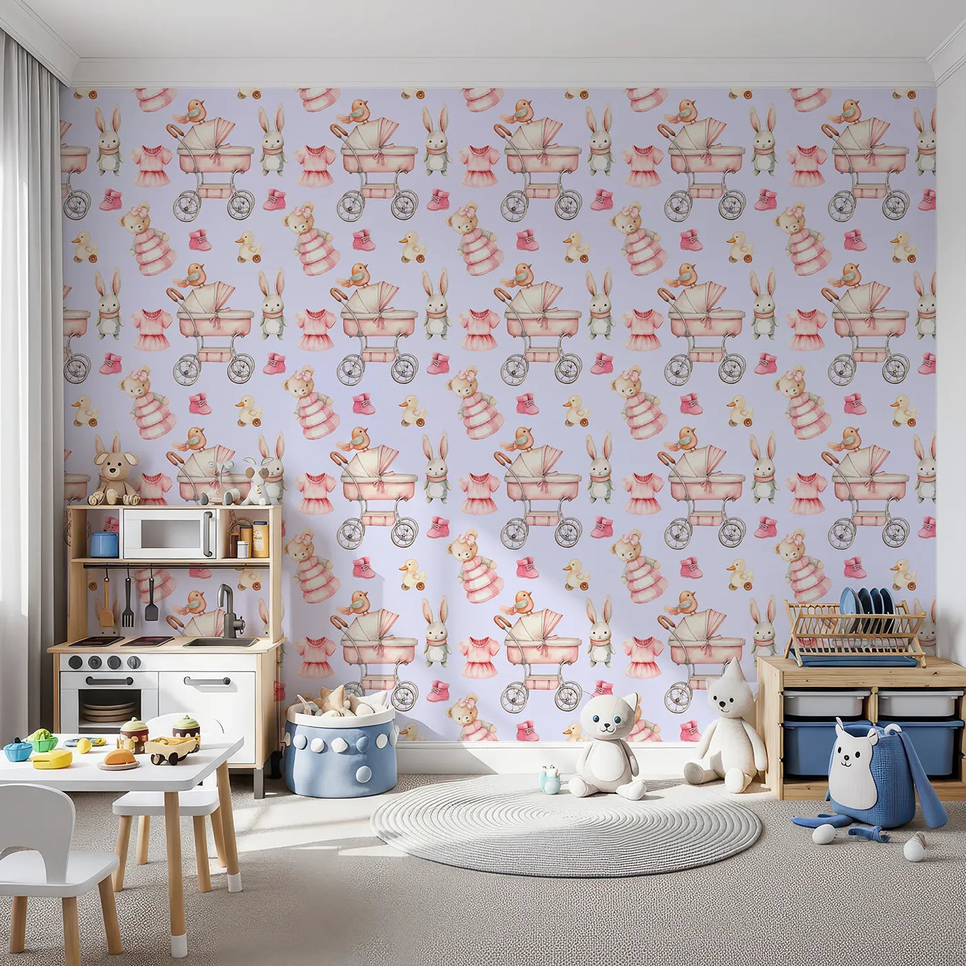 Front view of Whimsy Tots' Tiny Tots Toy Parade Wallpaper in Lilac Lavender