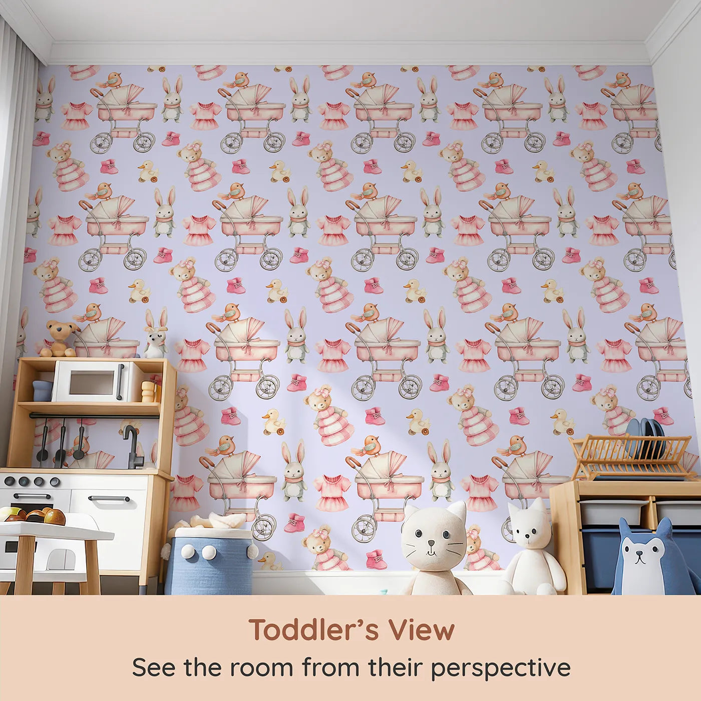 Whimsy Tots Tiny Tots Toy Parade Wallpaper in Lilac Lavender (W3217E) from your child's view.Blush bunnies and vintage bears play across soft lilac skies.
