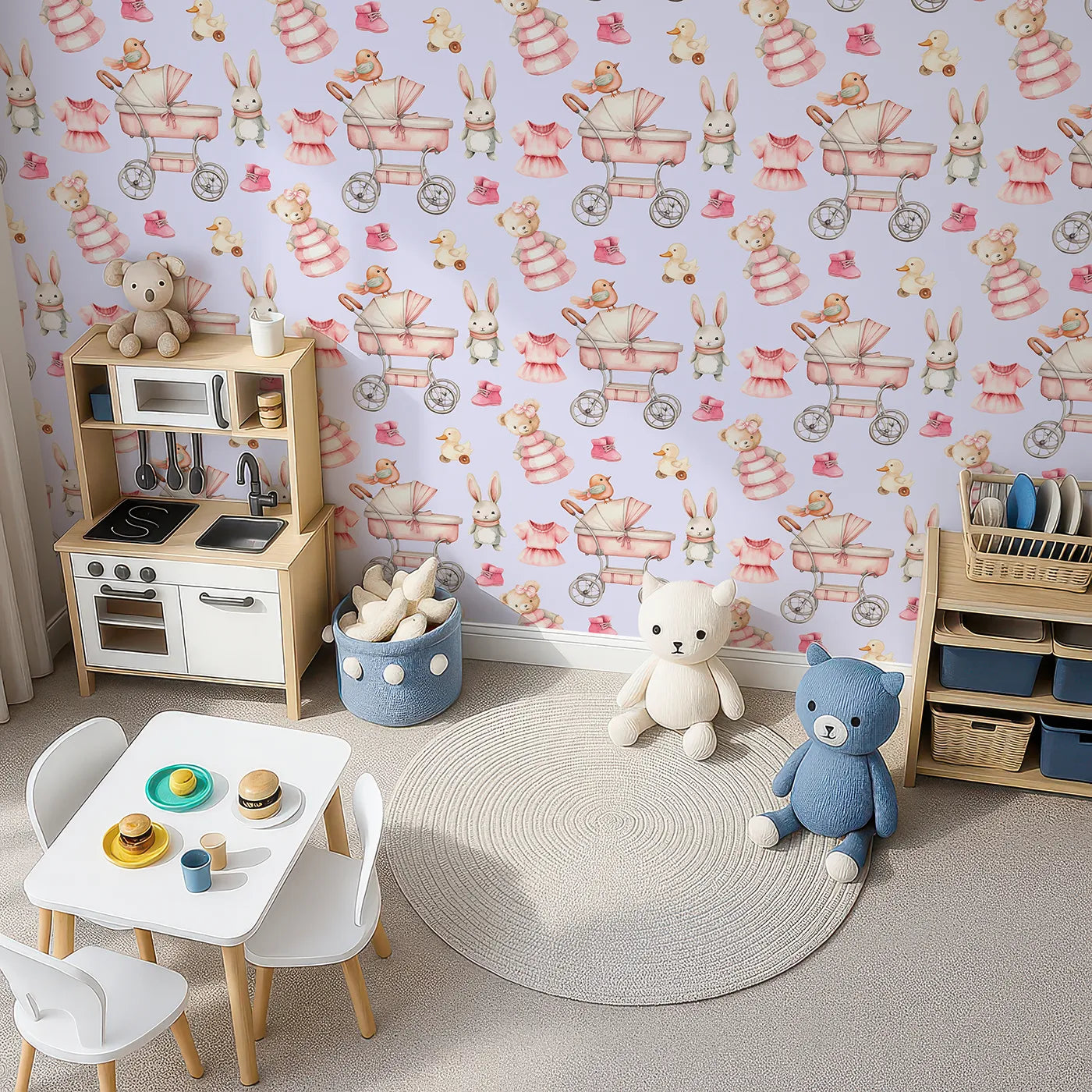 Top-Down view of Whimsy Tots' Tiny Tots Toy Parade Wallpaper in Lilac Lavender (W3217E).Blush bunnies and vintage bears play across soft lilac skies.