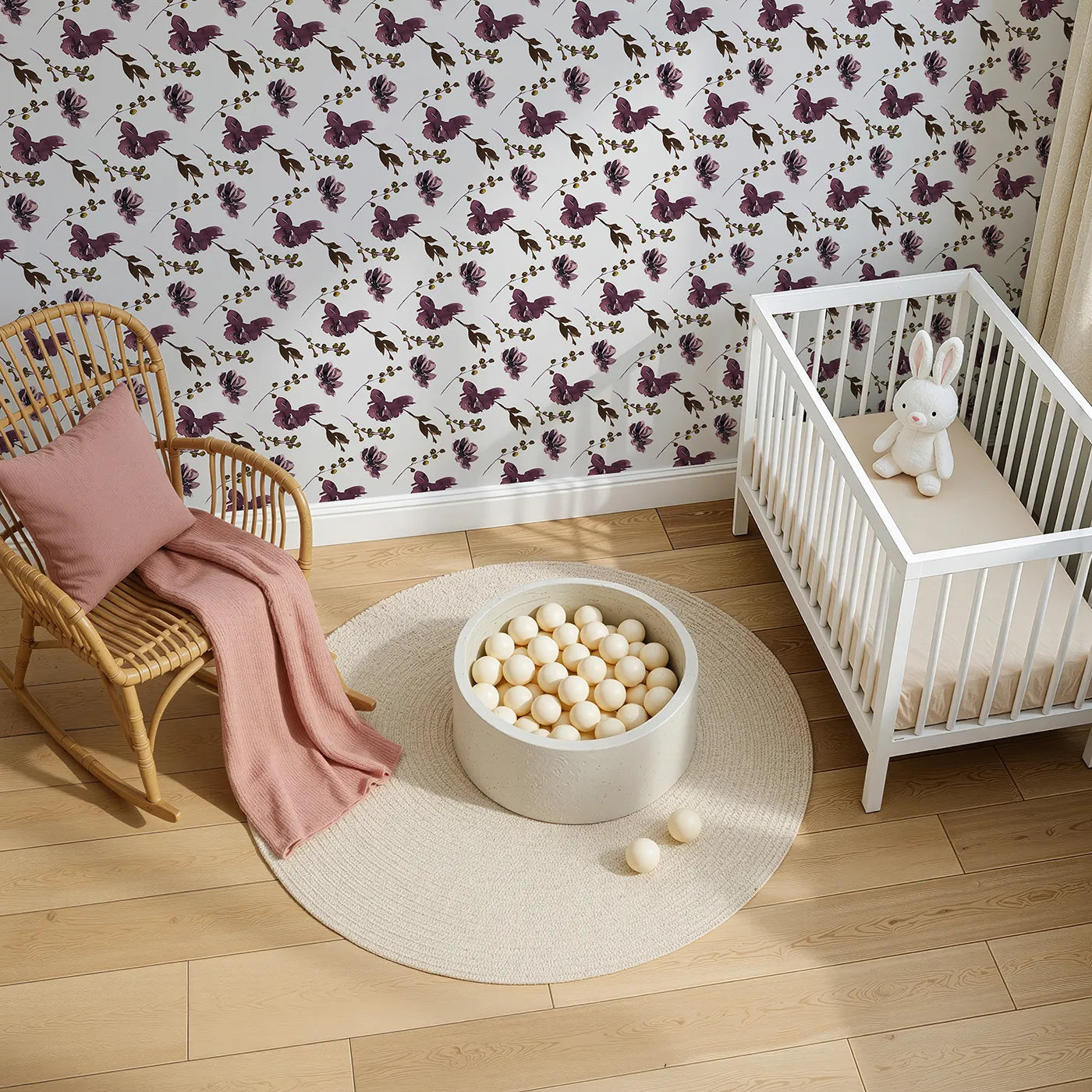 Top-Down view of Whimsy Tots' Shadow Garden Bloom Wallpaper (W3220).Inky florals and wild sprigs create a striking floral dance.