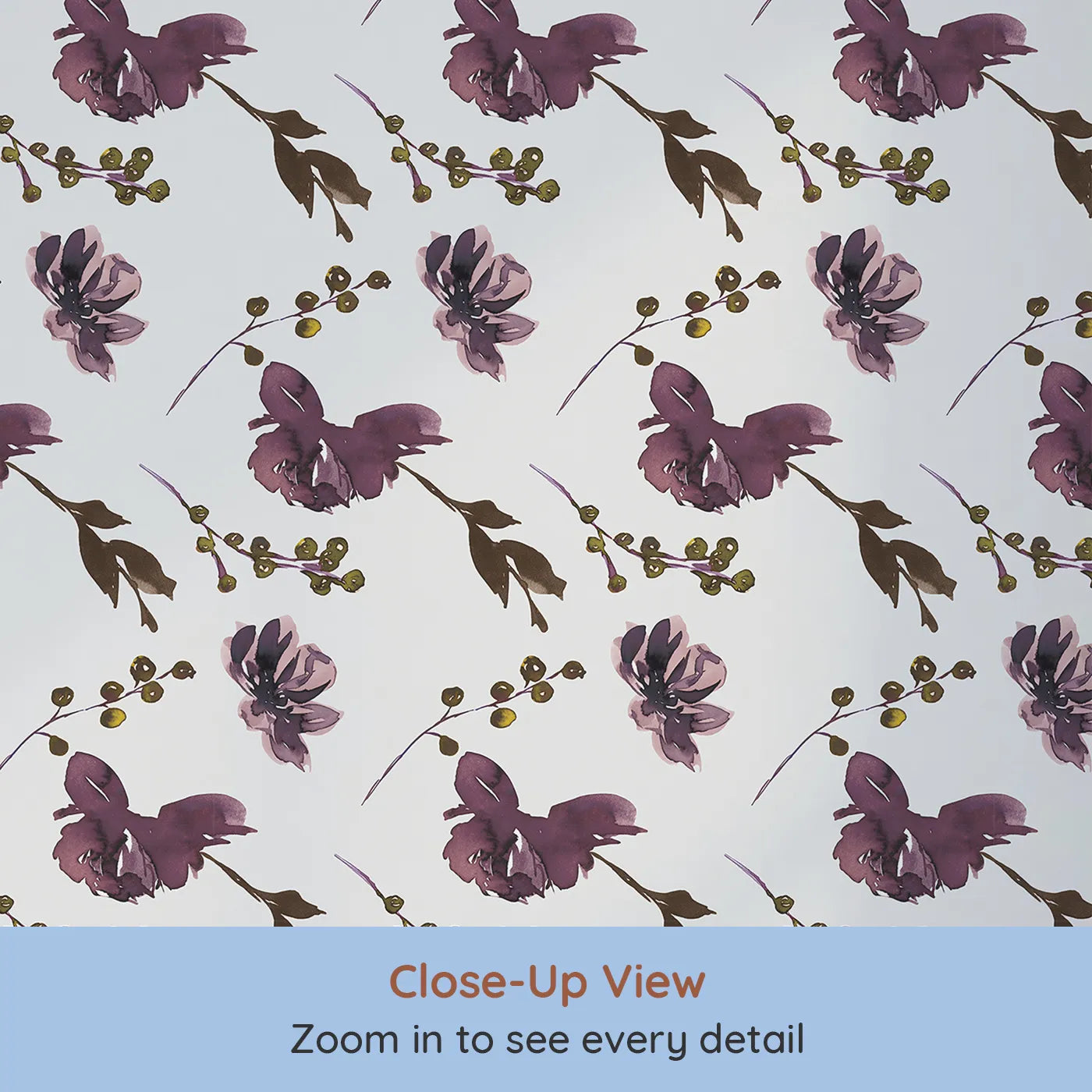 Close-up view of Whimsy Tots' Shadow Garden Bloom Wallpaper (W3220).Inky florals and wild sprigs create a striking floral dance.