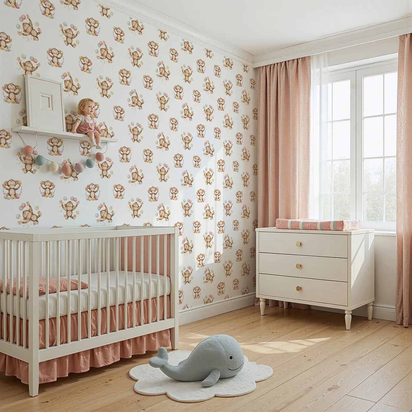 Angled view of Whimsy Tots' Monkey Juggle Parade Wallpaper (W3223).Bouncing monkeys juggle pastel balls in pure silliness and joy.