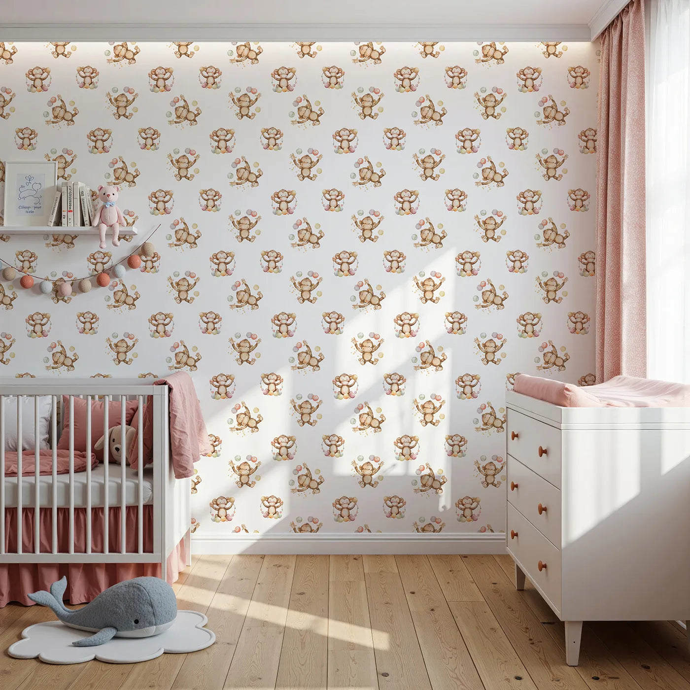 Front view of Whimsy Tots' Monkey Juggle Parade Wallpaper