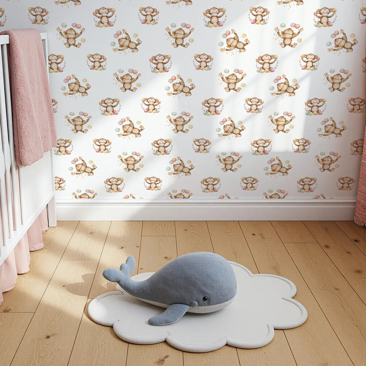 Top-Down view of Whimsy Tots' Monkey Juggle Parade Wallpaper (W3223).Bouncing monkeys juggle pastel balls in pure silliness and joy.