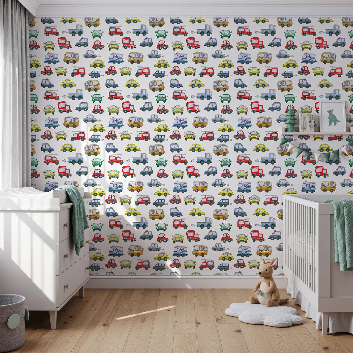 Front view of Whimsy Tots' Tiny Wheels Parade Wallpaper in White