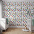 Front view of Whimsy Tots' Tiny Wheels Parade Wallpaper in White