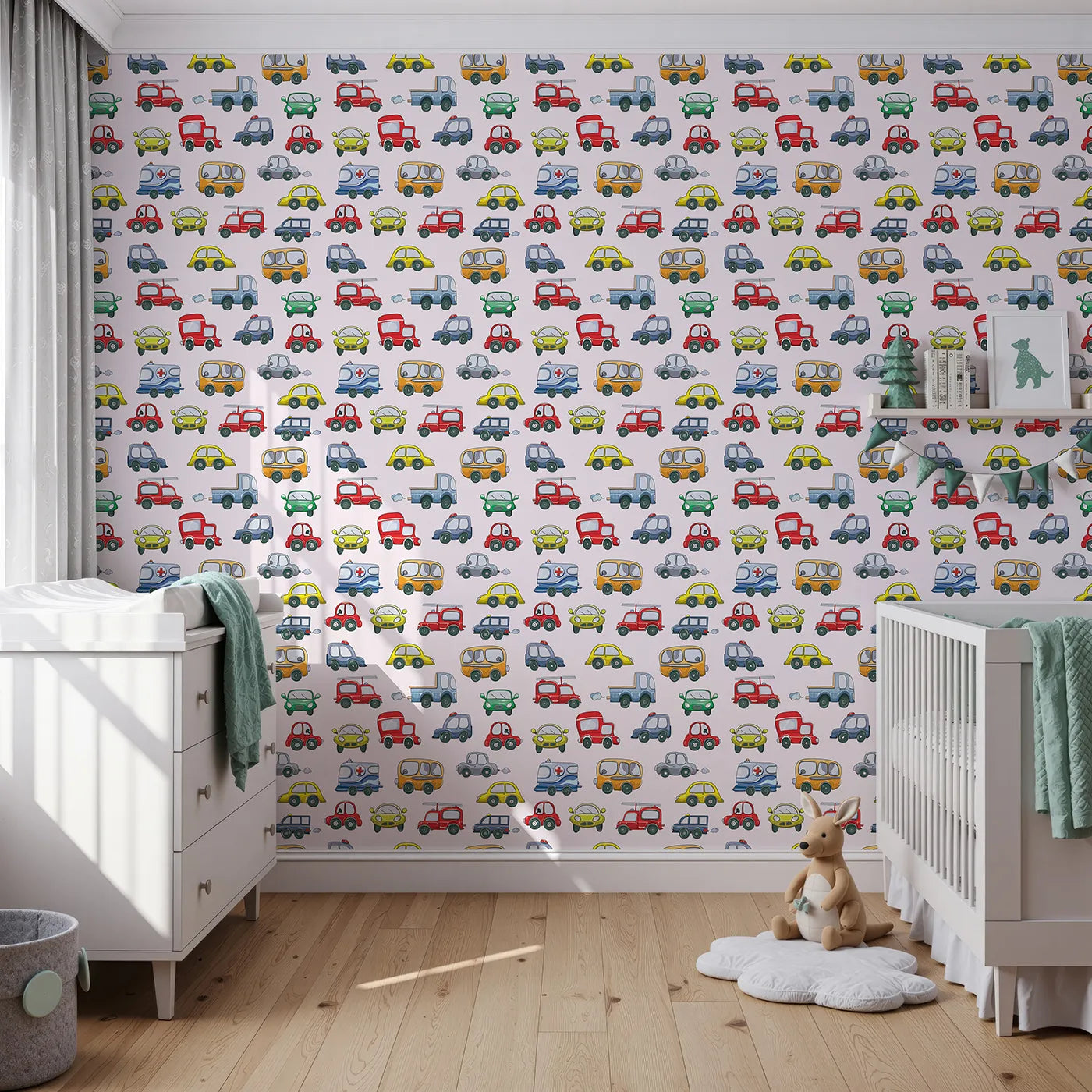Front view of Whimsy Tots' Tiny Wheels Parade Wallpaper in Soft Pink