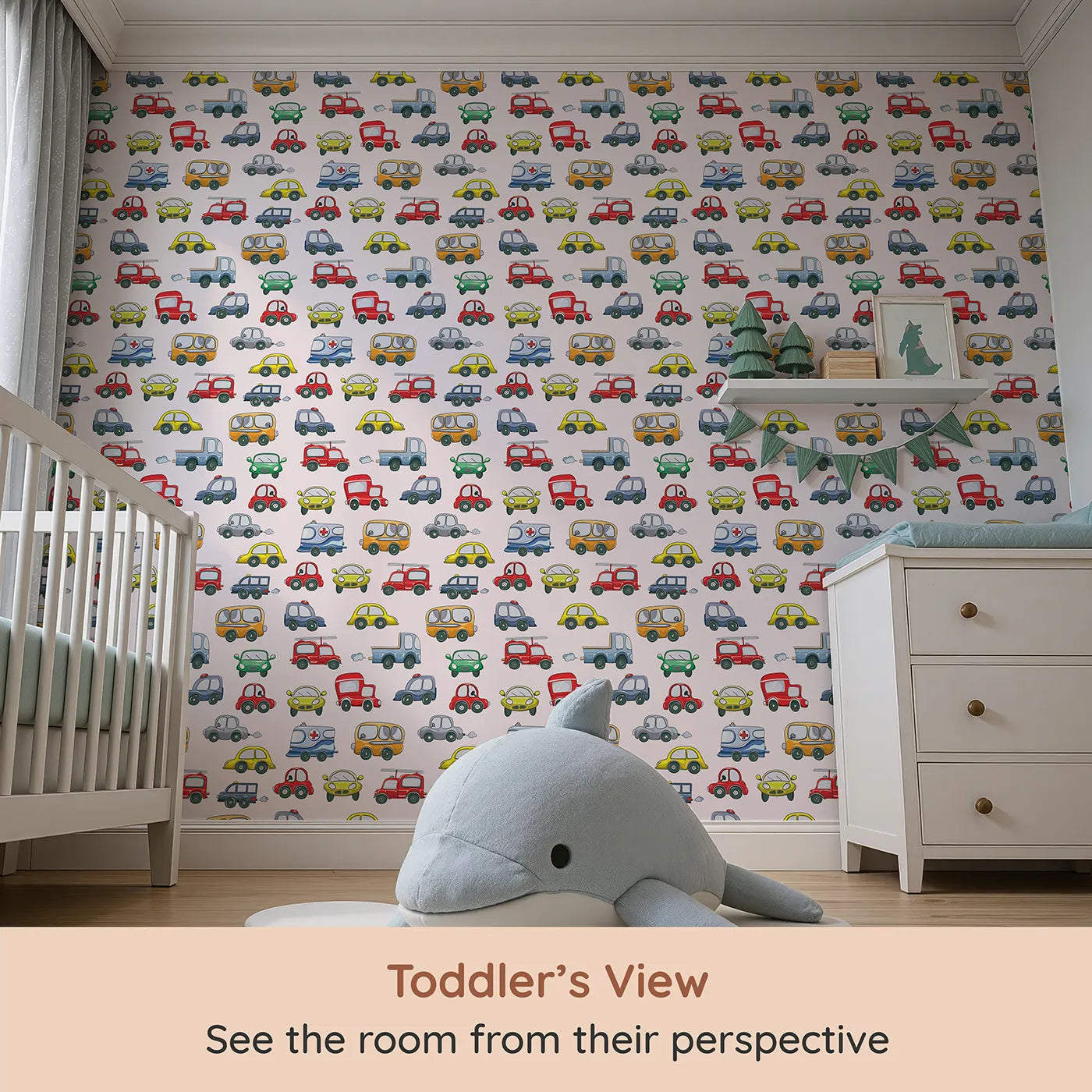 Whimsy Tots Tiny Wheels Parade Wallpaper in Soft Pink (W3224B) from your child's view.Cheerful cars cruise across a sweet soft-pink sky.