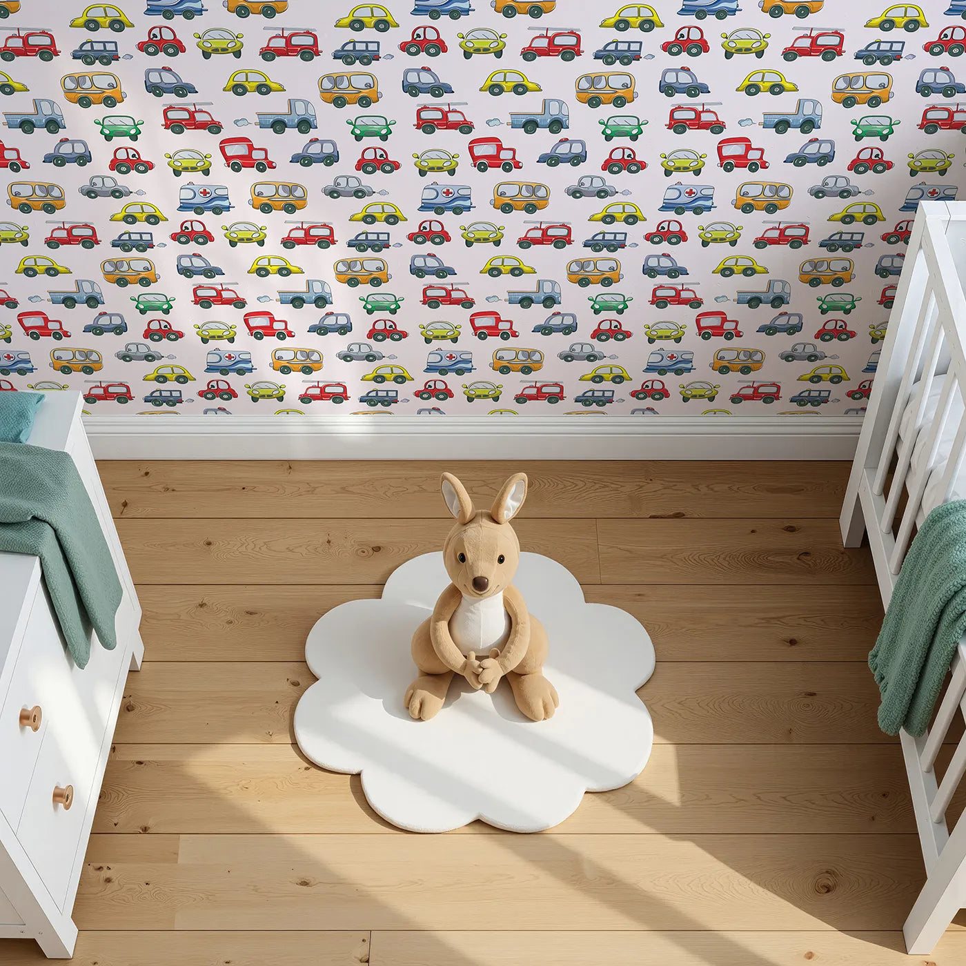 Top-Down view of Whimsy Tots' Tiny Wheels Parade Wallpaper in Soft Pink (W3224B).Cheerful cars cruise across a sweet soft-pink sky.