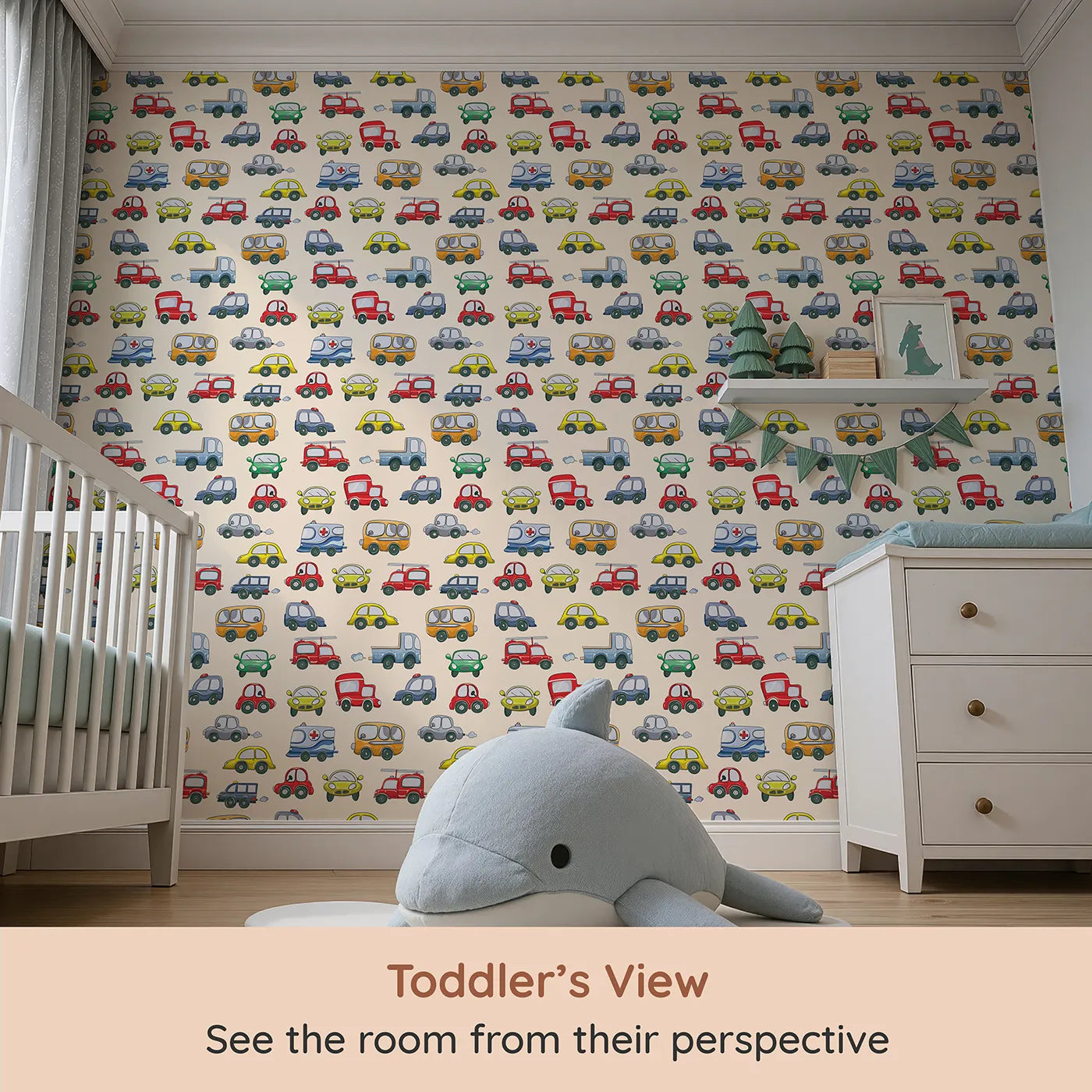 Whimsy Tots Tiny Wheels Parade Wallpaper in Cream (W3224C) from your child's view.A charming car parade zips across a soft cream sky.
