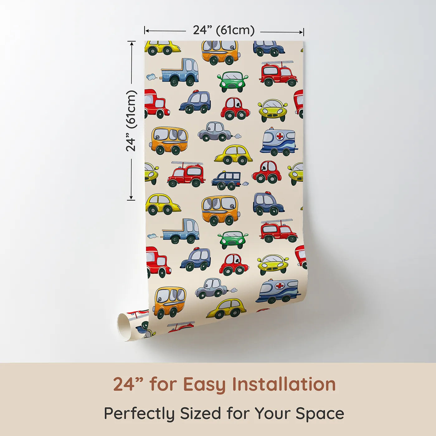Dimension view of Whimsy Tots Tiny Wheels Parade Wallpaper in Cream (W3224C). Printed in 24-inch-wide panel for easy installation. A charming car parade zips across a soft cream sky.