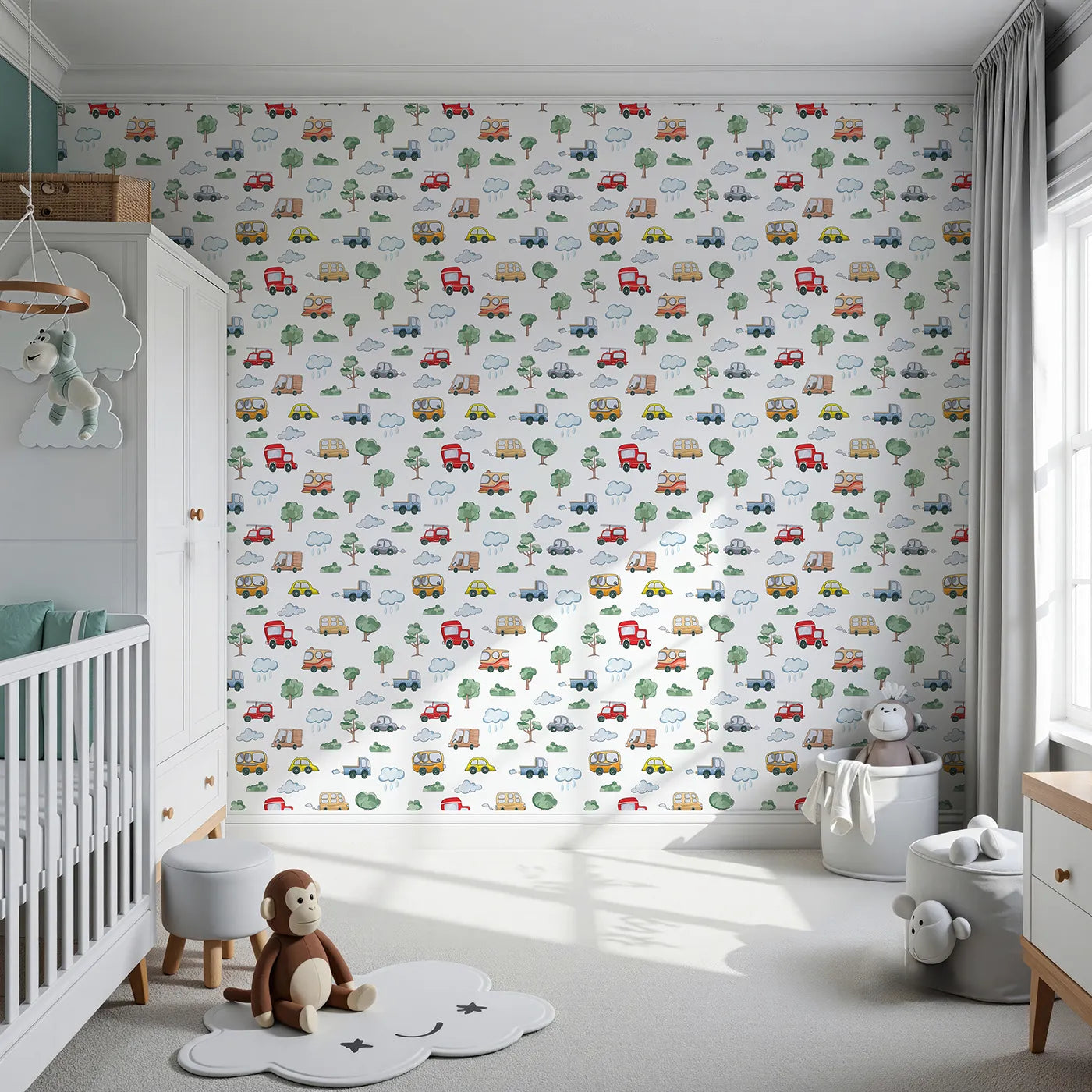 Front view of Whimsy Tots' Bumper Buddies Forest Drive Wallpaper in White