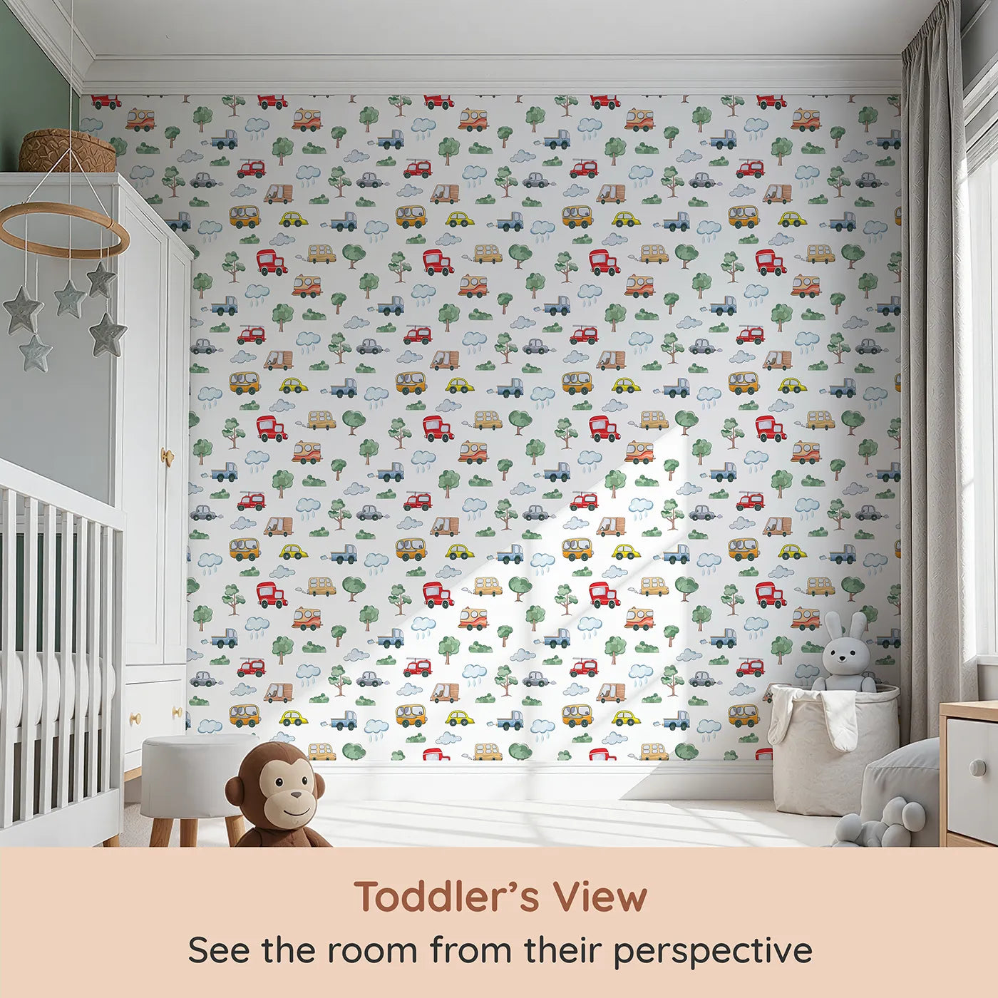 Whimsy Tots Bumper Buddies Forest Drive Wallpaper in White (W3226A) from your child's view.Playful cars and cozy trees roll together in a gentle outdoor journey.