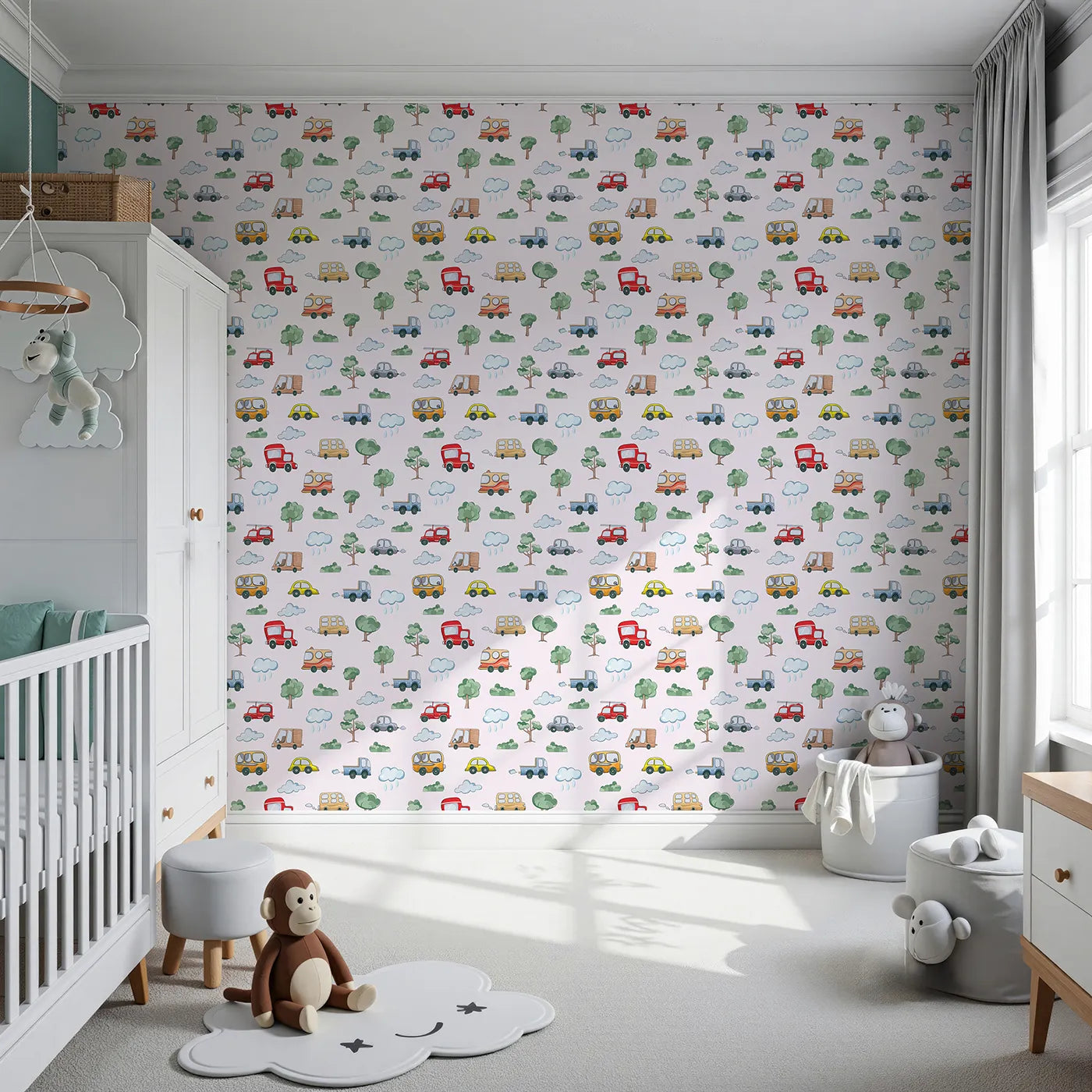 Front view of Whimsy Tots' Bumper Buddies Forest Drive Wallpaper in Soft Pink