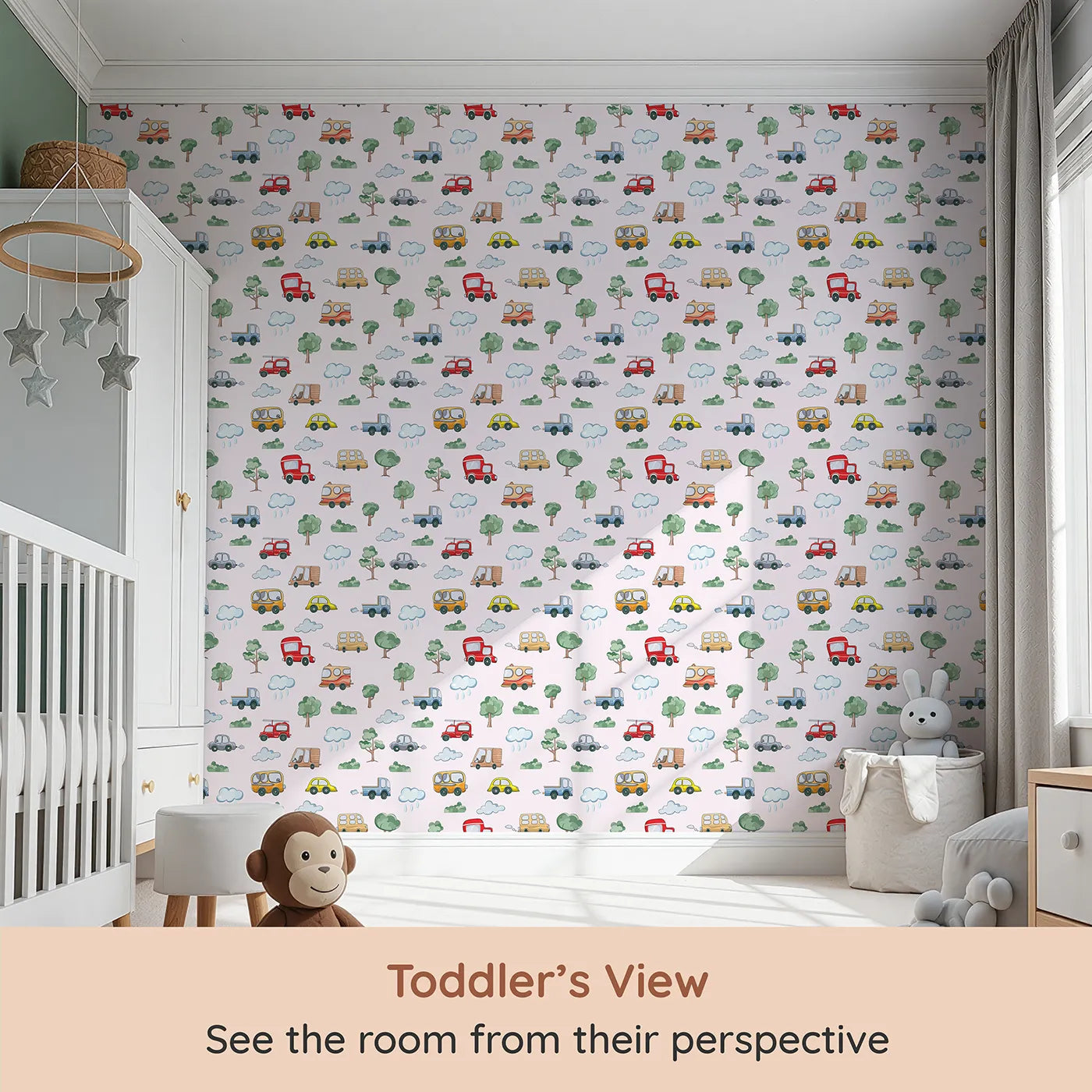 Whimsy Tots Bumper Buddies Forest Drive Wallpaper in Soft Pink (W3226B) from your child's view.Whimsical vehicles and forest friends roll through a pastel pink sky.