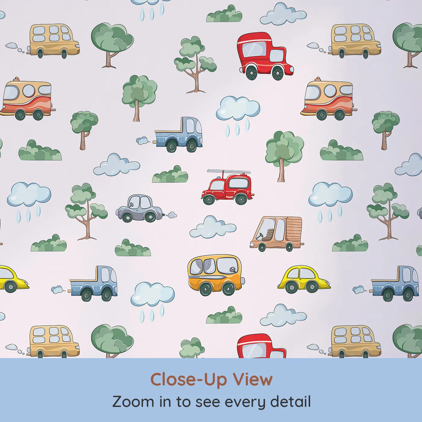 Close-up view of Whimsy Tots' Bumper Buddies Forest Drive Wallpaper in Soft Pink (W3226B).Whimsical vehicles and forest friends roll through a pastel pink sky.