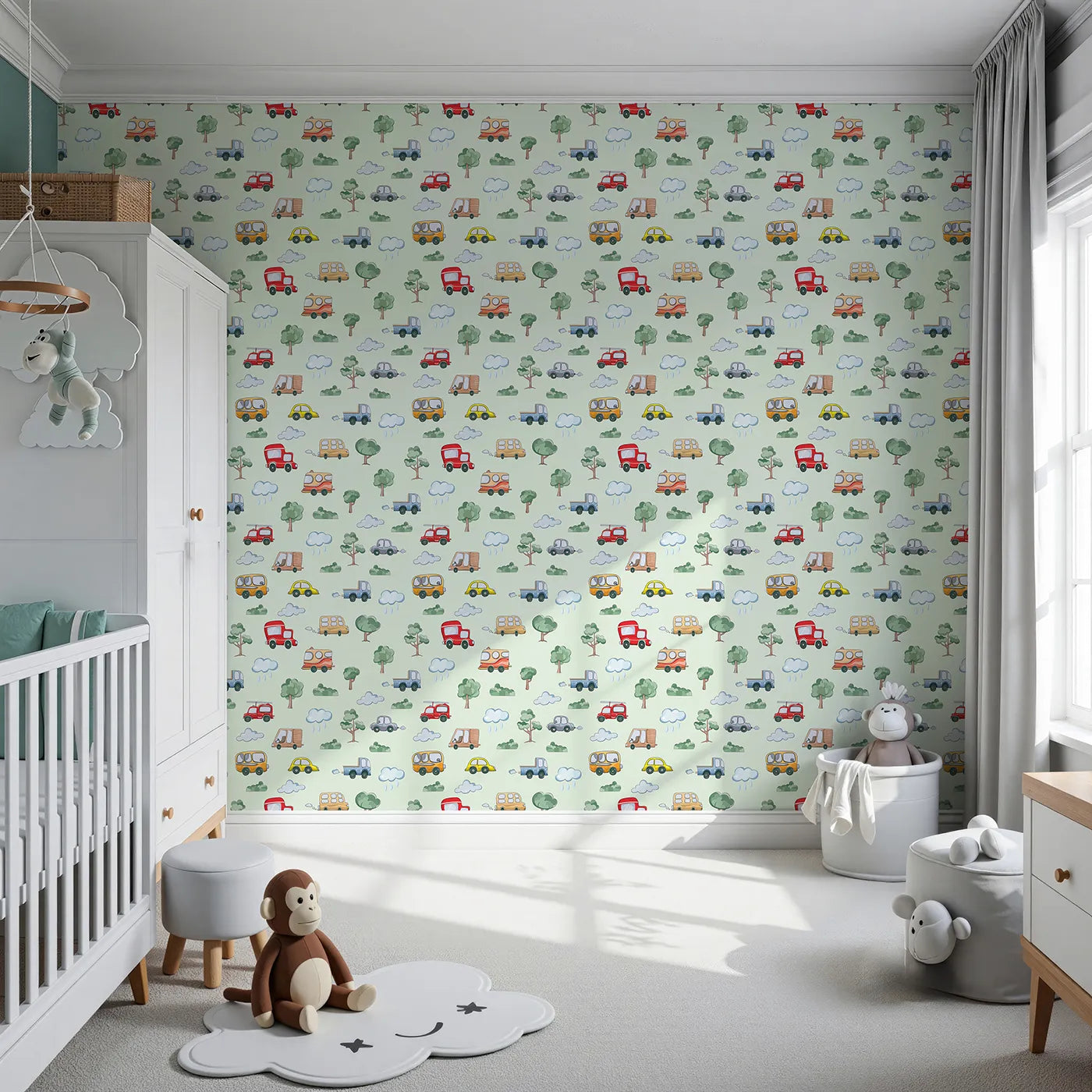 Front view of Whimsy Tots' Bumper Buddies Forest Drive Wallpaper in Mint Green