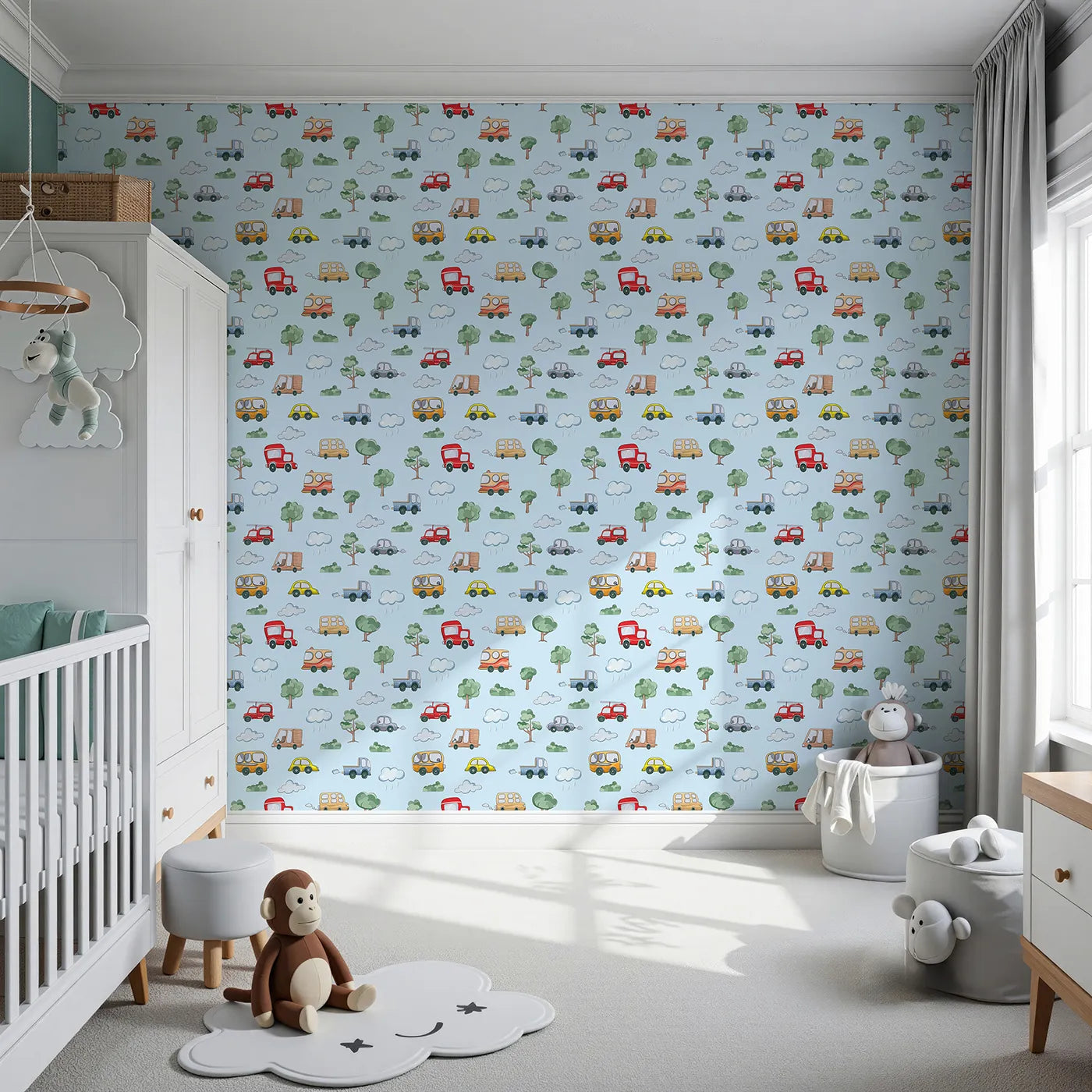 Front view of Whimsy Tots' Bumper Buddies Forest Drive Wallpaper in Sky Blue