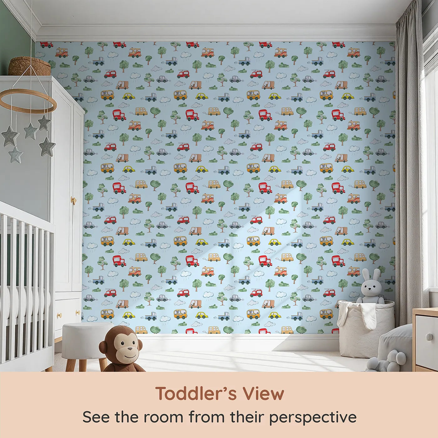 Whimsy Tots Bumper Buddies Forest Drive Wallpaper in Sky Blue (W3226E) from your child's view.Cute cars, fluffy clouds, and forest trees come alive in blue skies.