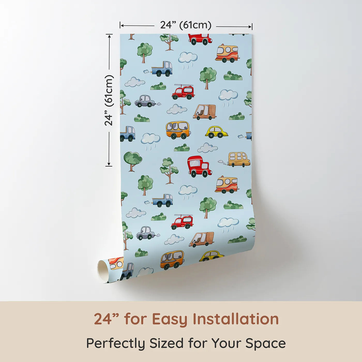 Dimension view of Whimsy Tots Bumper Buddies Forest Drive Wallpaper in Sky Blue (W3226E). Printed in 24-inch-wide panel for easy installation. Cute cars, fluffy clouds, and forest trees come alive in blue skies.