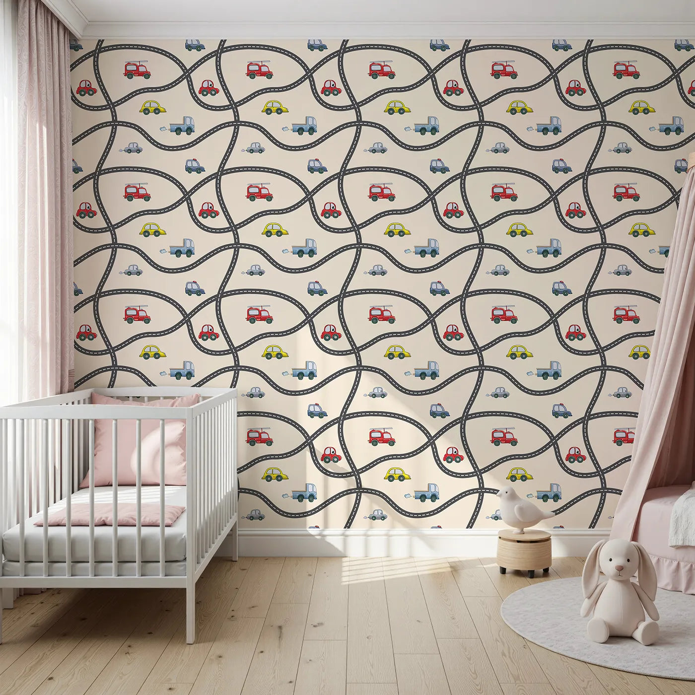 Front view of Whimsy Tots' Bumper Buddies Road Maze Wallpaper in Cream