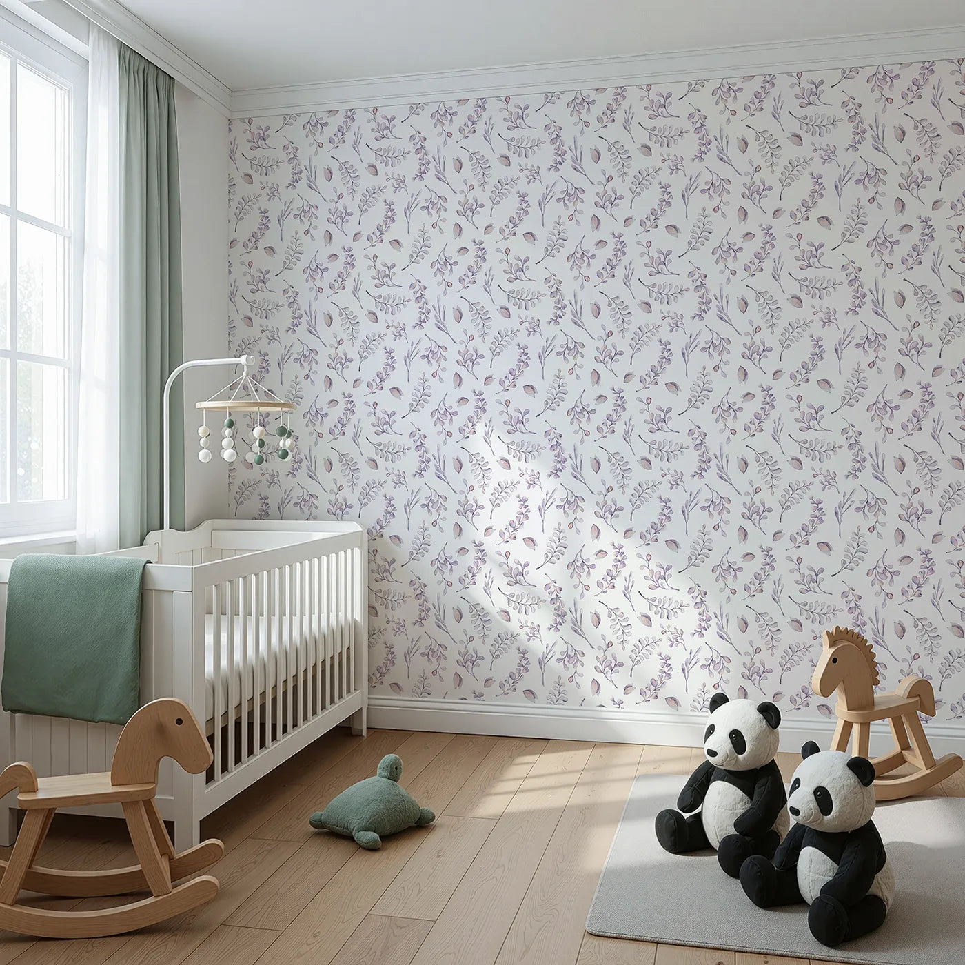 Angled view of Whimsy Tots' Lavender Breeze Wallpaper (W3229).Soft lavender leaves dance like daydreams across a gentle white canvas.