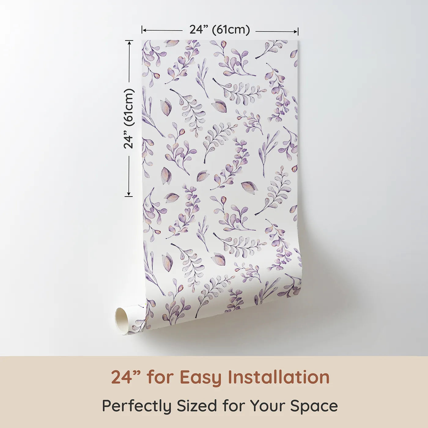 Dimension view of Whimsy Tots Lavender Breeze Wallpaper (W3229). Printed in 24-inch-wide panel for easy installation. Soft lavender leaves dance like daydreams across a gentle white canvas.