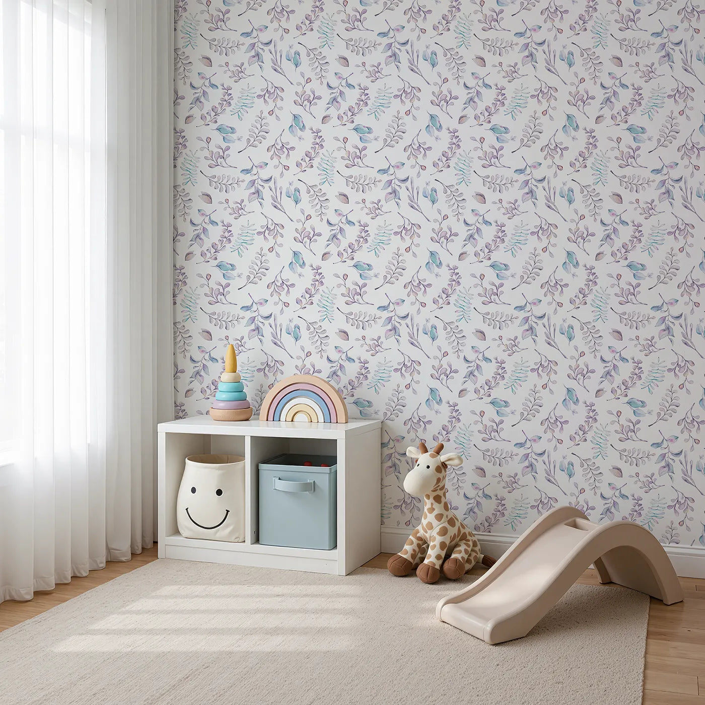 Angled view of Whimsy Tots' Lavender Breeze Wallpaper III (W3231).Delicate botanicals in lilac, blush, and mint flutter softly across a dreamy white sky.
