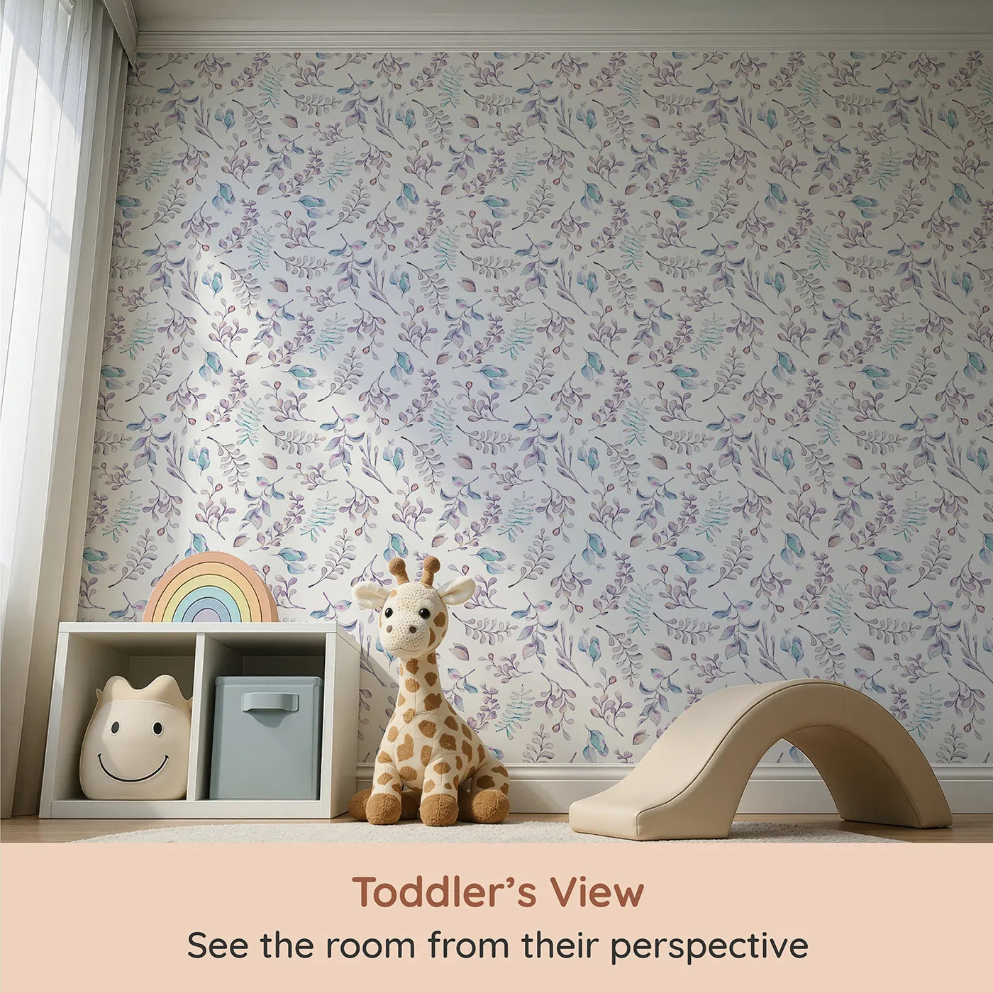 Whimsy Tots Lavender Breeze Wallpaper III (W3231) from your child's view.Delicate botanicals in lilac, blush, and mint flutter softly across a dreamy white sky.