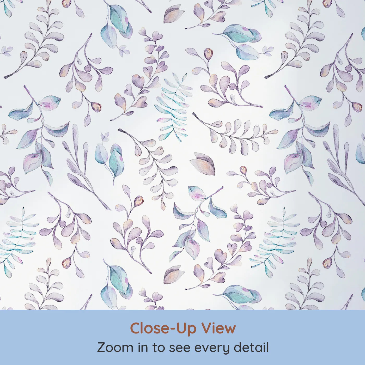 Close-up view of Whimsy Tots' Lavender Breeze Wallpaper III (W3231).Delicate botanicals in lilac, blush, and mint flutter softly across a dreamy white sky.
