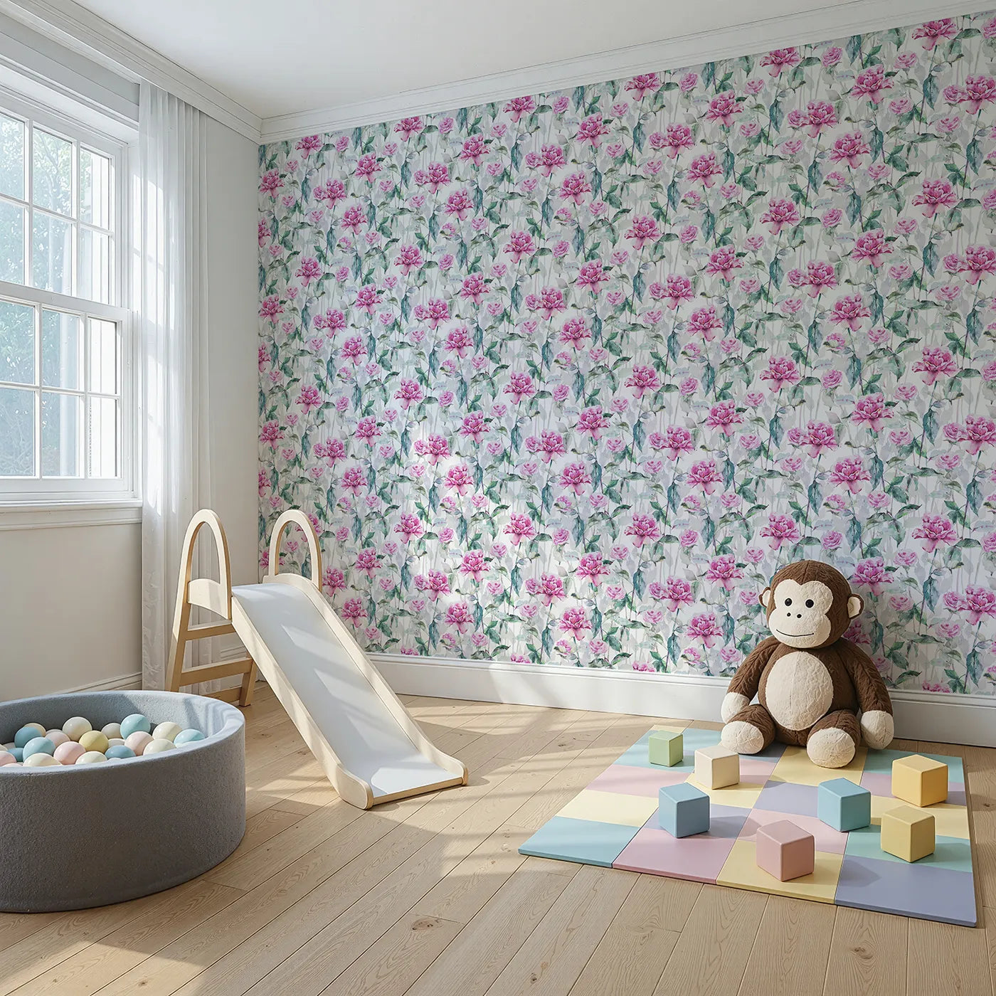 Angled view of Whimsy Tots' Rosy Garden Stroll Wallpaper in White (W3233A).Big pink roses and leafy vines trail upward in a watercolor daydream.