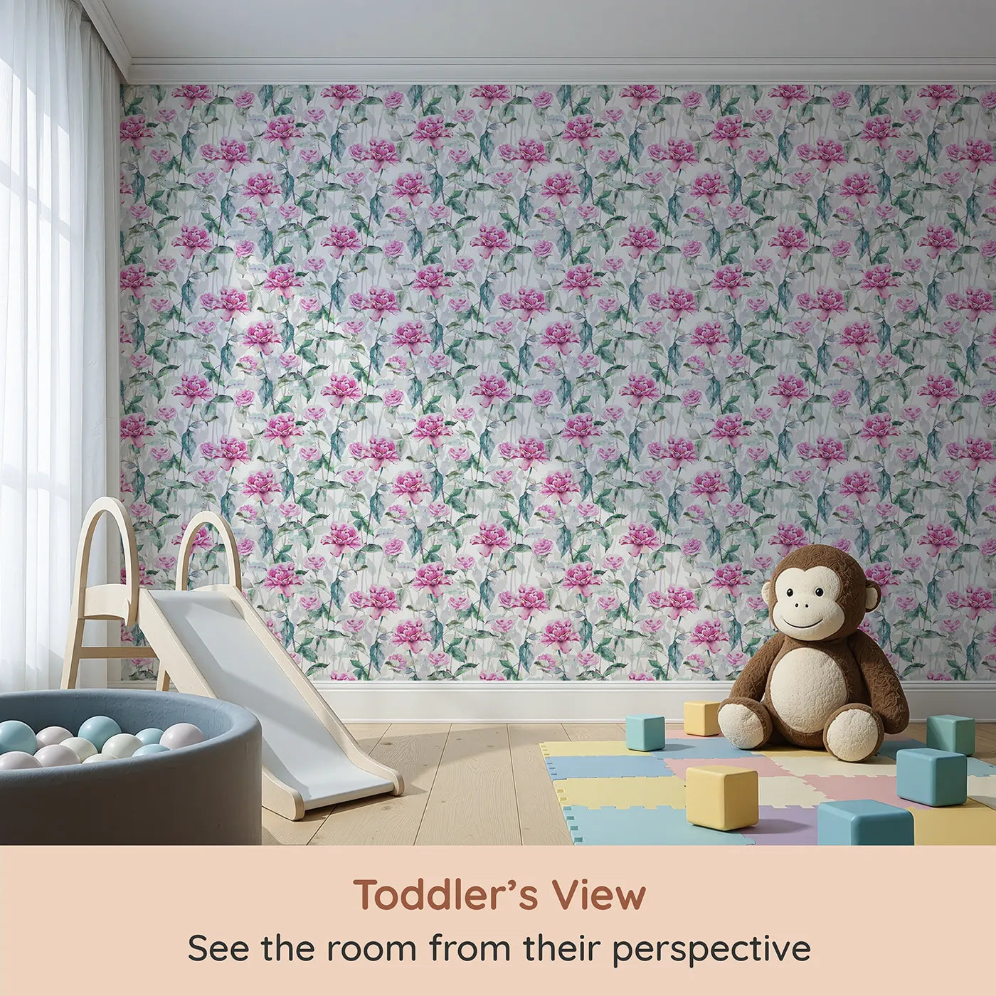 Whimsy Tots Rosy Garden Stroll Wallpaper in White (W3233A) from your child's view.Big pink roses and leafy vines trail upward in a watercolor daydream.