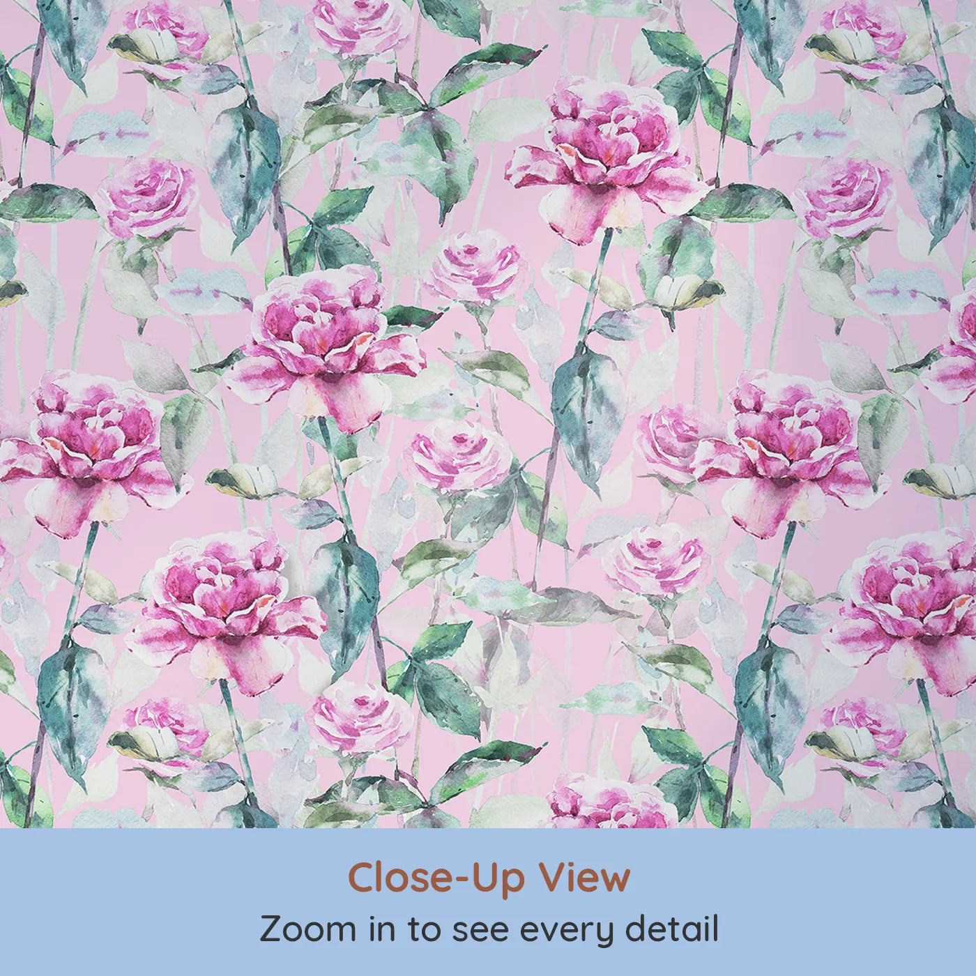 Close-up view of Whimsy Tots' Rosy Garden Stroll Wallpaper in Pink (W3233C).Towering roses and leafy greens dance atop a playful pink sky.