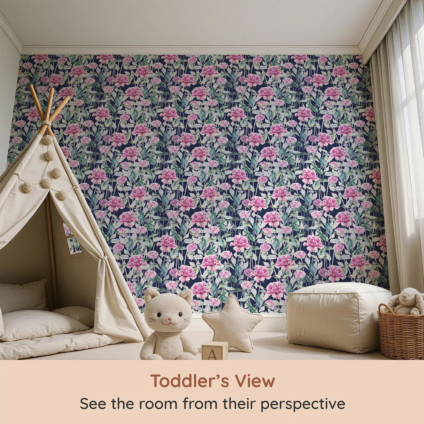 Whimsy Tots Rosy Garden Stroll Wallpaper in Midnight (W3233D) from your child's view.Bright pink roses and soft green leaves glow against a deep navy sky.