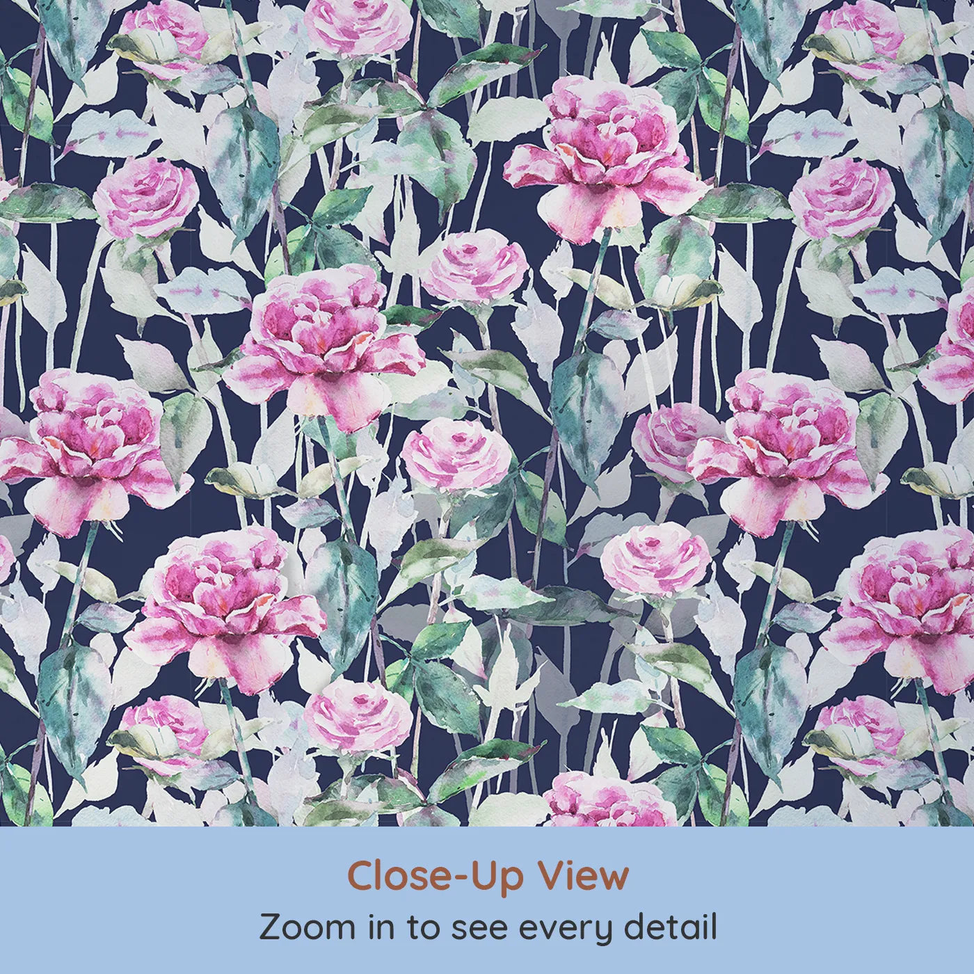 Close-up view of Whimsy Tots' Rosy Garden Stroll Wallpaper in Midnight (W3233D).Bright pink roses and soft green leaves glow against a deep navy sky.