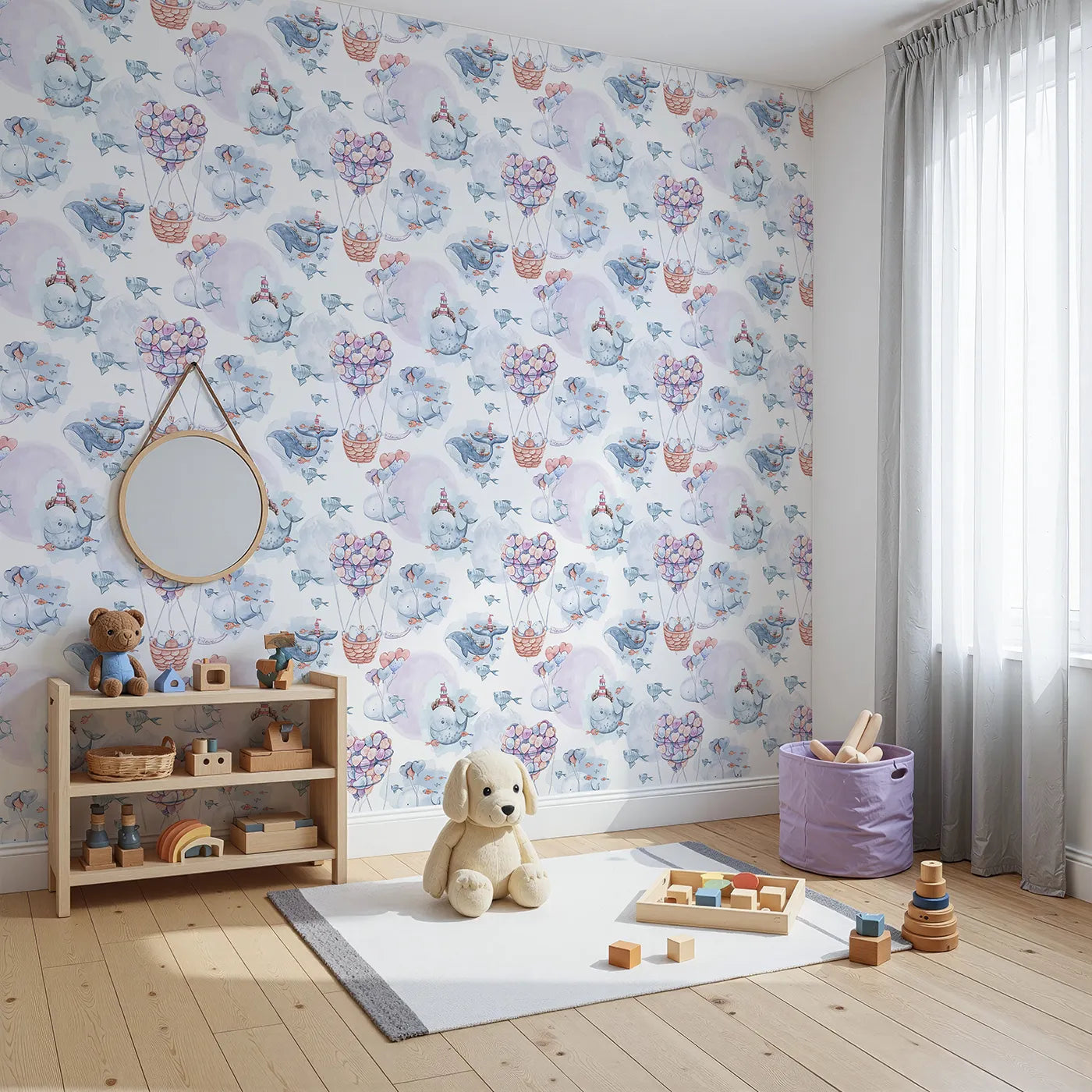 Angled view of Whimsy Tots' Whale Balloon Dreams Wallpaper (W3234).Smiling whales, heart balloons, and cozy fish drift through dreamy skies.