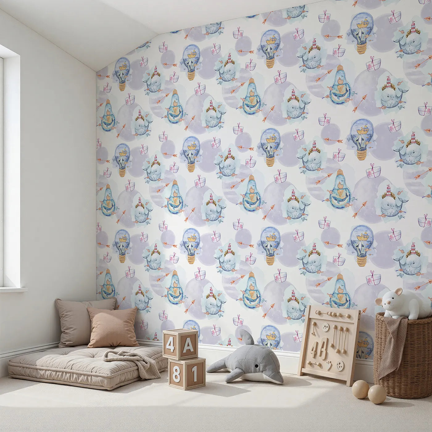 Angled view of Whimsy Tots' Ocean Gifts and Lighthouse Wishes Wallpaper (W3235).Whales, fish, and light-up bottles float through waves of wonder and gifting.