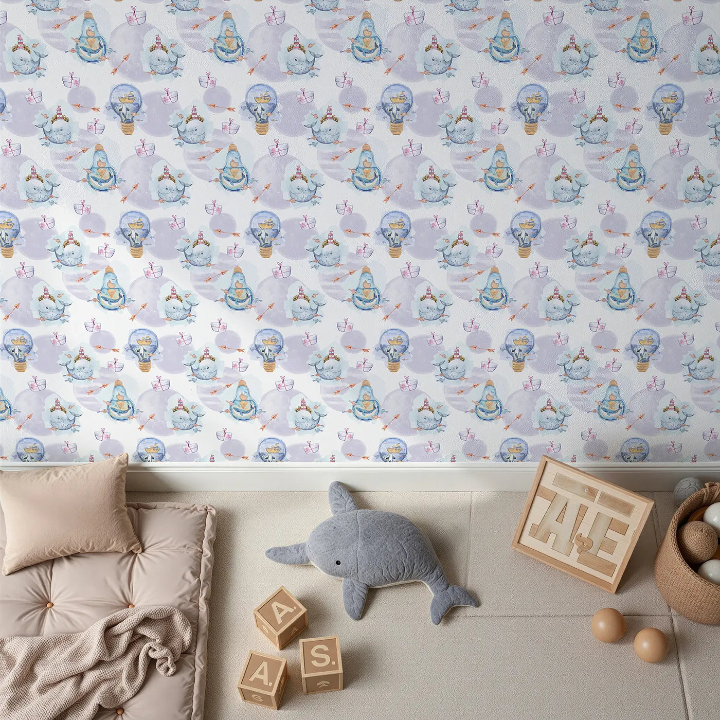 Top-Down view of Whimsy Tots' Ocean Gifts and Lighthouse Wishes Wallpaper (W3235).Whales, fish, and light-up bottles float through waves of wonder and gifting.