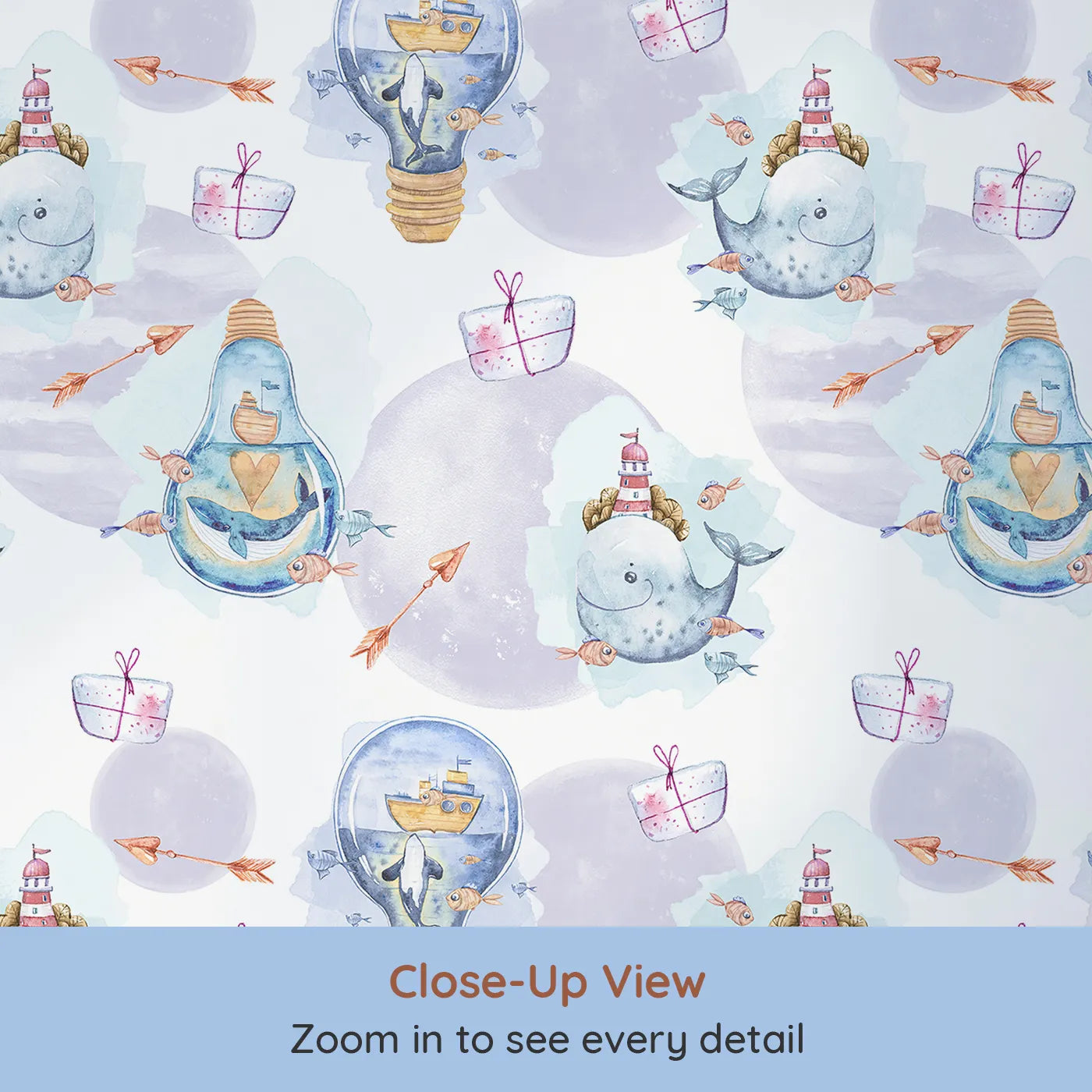 Close-up view of Whimsy Tots' Ocean Gifts and Lighthouse Wishes Wallpaper (W3235).Whales, fish, and light-up bottles float through waves of wonder and gifting.
