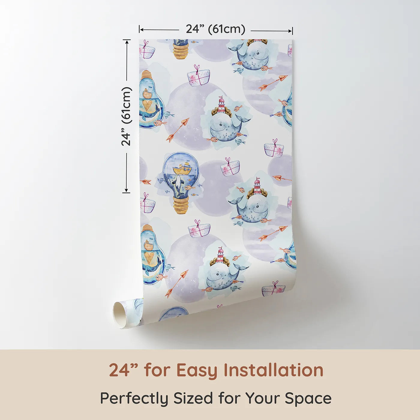 Dimension view of Whimsy Tots Ocean Gifts and Lighthouse Wishes Wallpaper (W3235). Printed in 24-inch-wide panel for easy installation. Whales, fish, and light-up bottles float through waves of wonder and gifting.