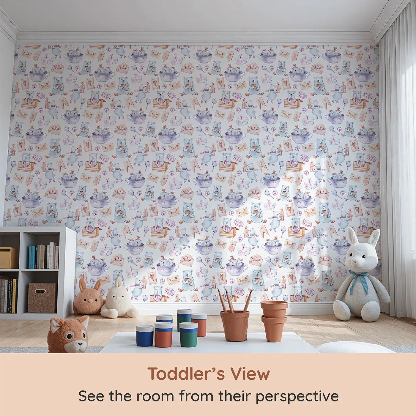 Whimsy Tots Bear Hugs and Love Letters Wallpaper (W3237) from your child's view.Cuddly bears, letters, and gifts fill every inch with warmth and charm.