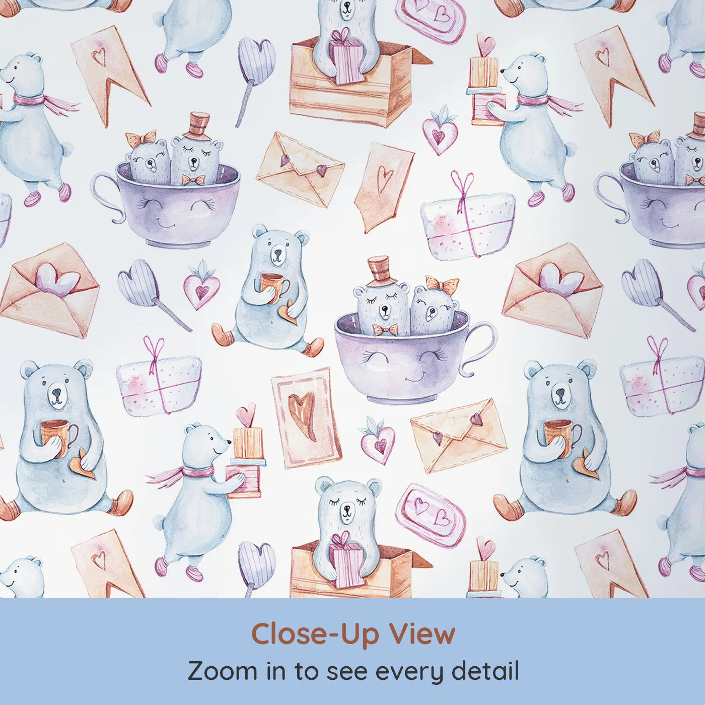 Close-up view of Whimsy Tots' Bear Hugs and Love Letters Wallpaper (W3237).Cuddly bears, letters, and gifts fill every inch with warmth and charm.